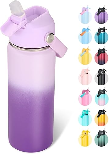 Miniatura 11 de Botella de agua de acero inoxidable aislada de 18 oz, de boca ancha, de doble pared con vacío, pajita de silicona, a prueba de sudor y fugas, termo