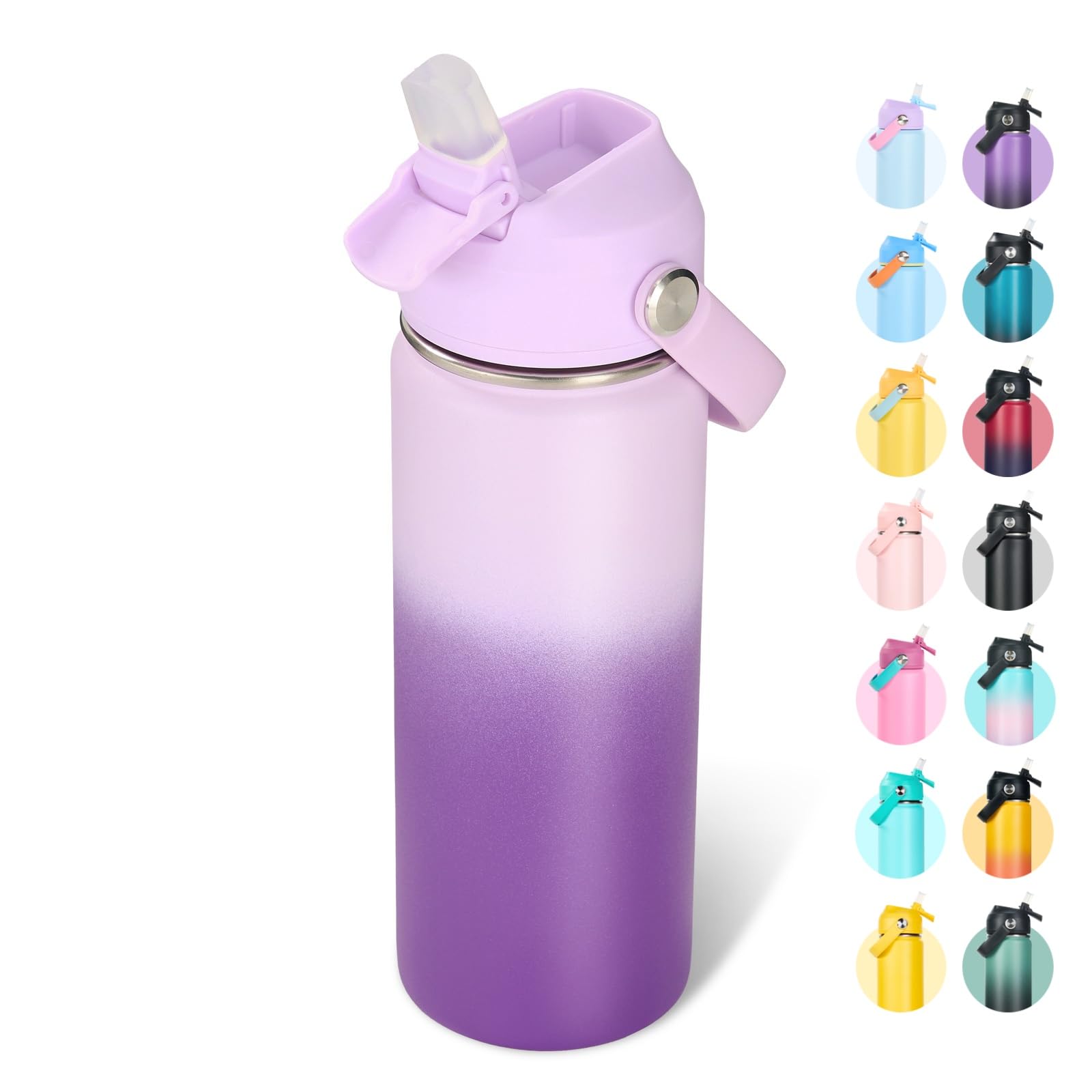 Fijinhom 18oz Insulated Stainless Steel Water Bottle, Wide Mouth Double Wall Vacuum, Silicone Straw, Sweat & Leak Proof, BPA Free Insulated Water Flask for Travel, Purple Gradient Purple Gradient 18 Ounces