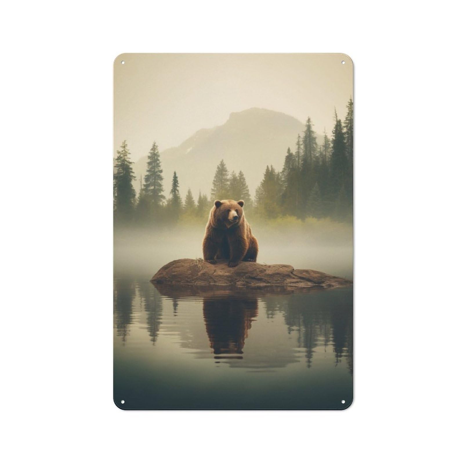 Junmoney Bear On A Lake In The Fog Retro Metal Gift Sign 30X20cm, Home Wall Decor For Flat, Dorm Room, Lounge Or Cafe
