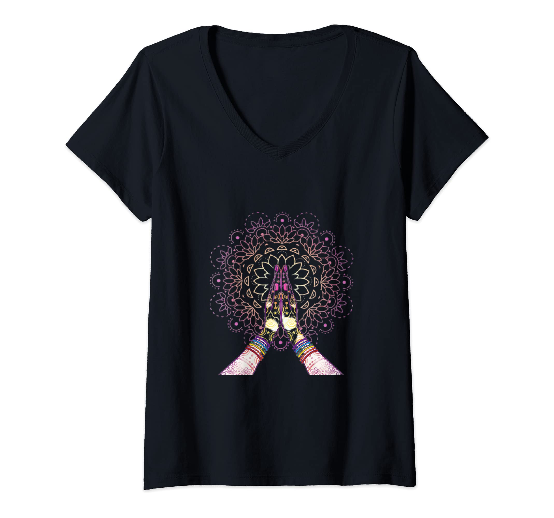 Womens Namaste Hands Yoga hinduism vedas OHM V-Neck T-Shirt