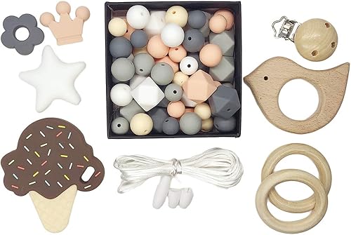 Miniatura 7 de Juego de cuentas de silicona de estrella de madera de ganchillo, anillo de madera, accesorios de pulsera para collar de