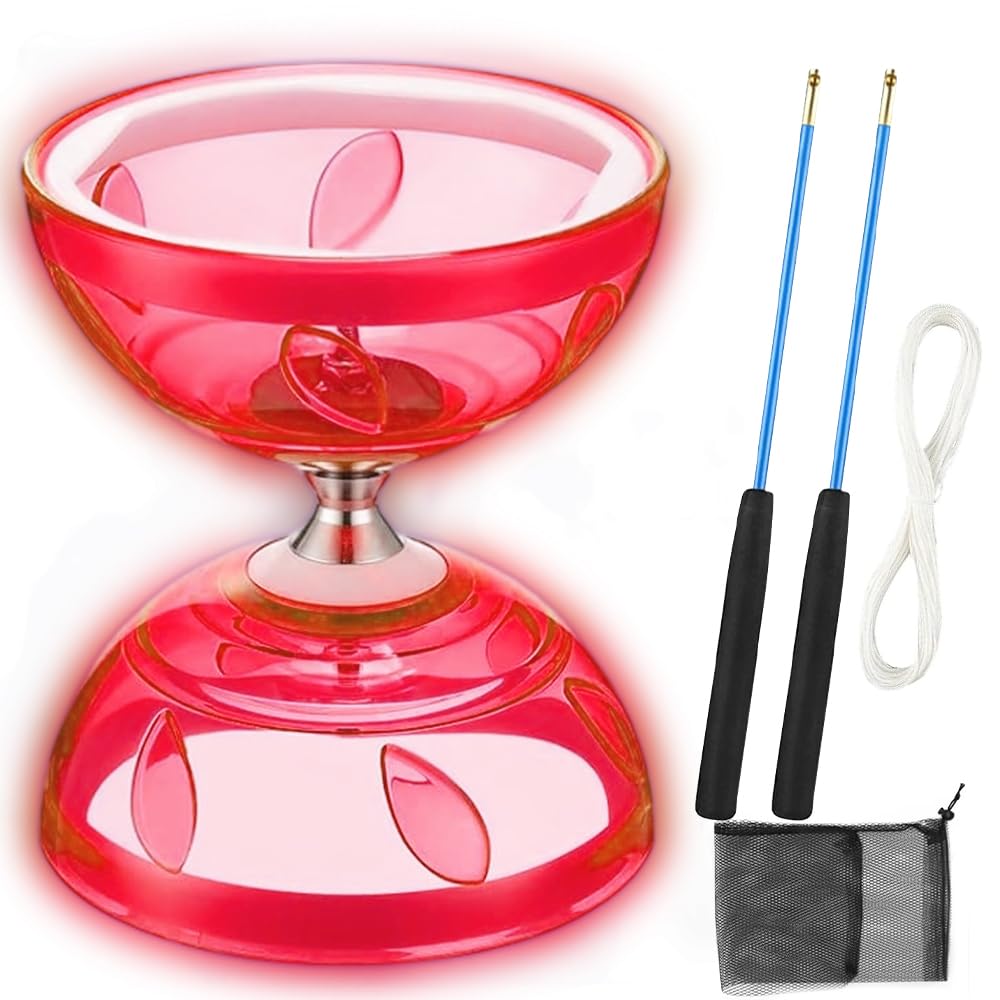 Rppiup Triple Bearing Diabolo Set, Diablo Toy Juggling Set with 2 Professional Pole and Net Bag, Flywheel Circus Tool for Adult Beginners and Professionals, Kids, Elderly (RED)