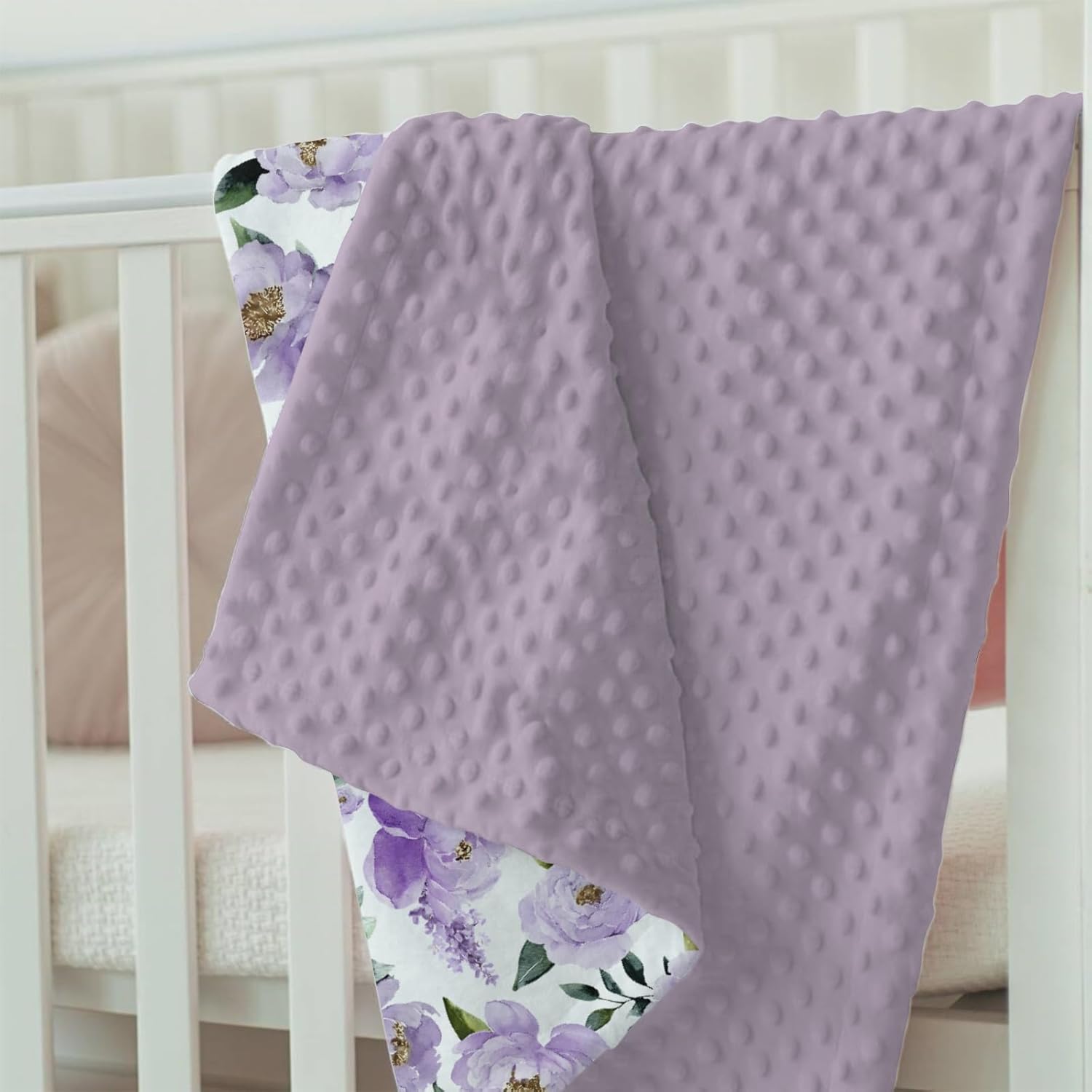 Baby Blankets for Girls 30" x 40" Shower Gift, Soft Double Layer Minky Blanket with Dotted Fleece Back, Nursery Bed Receiving Quilt for Newborn Infant Toddler Purple Peony Floral Theme - Image 5