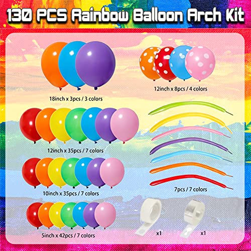 130 Pack Rainbow Balloon Arch Kit, 7 Assorted Bright Colors 5/10/12/18Inch Latex Balloons And Multicolored Long Balloons For Kids Birthday Party Baby Shower Decoration Accessory #TOP1