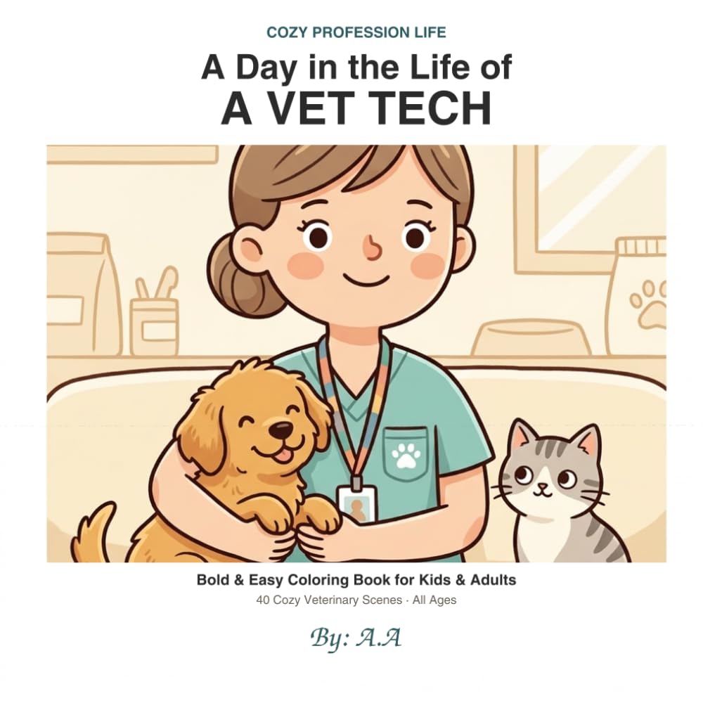 A Day in the Life of a Vet Tech: A Bold & Easy Coloring Book for Kids & Adults — 40 Cozy Veterinary Scenes with Cute Puppies, Kittens & Animal Friends ... Lovers of All Ages (Cozy Profession Life)