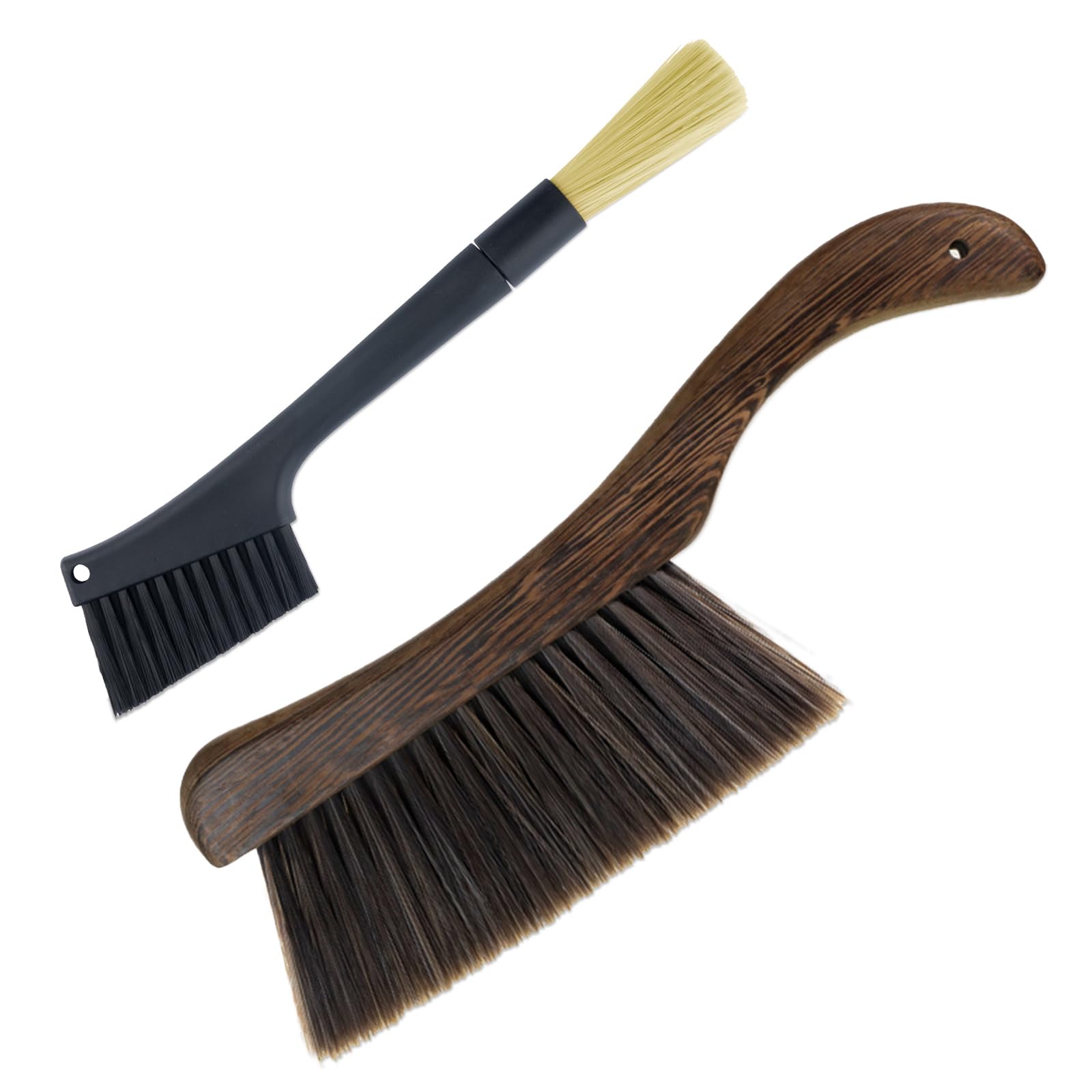 Realand 2 Pcs Coffee Grinder Brush and Hand Broom, Removable Dusting Espresso Machine Cleaning Brush Barista Tools, Heavy Duty Wood Dust Broom Bench Brush for Counter