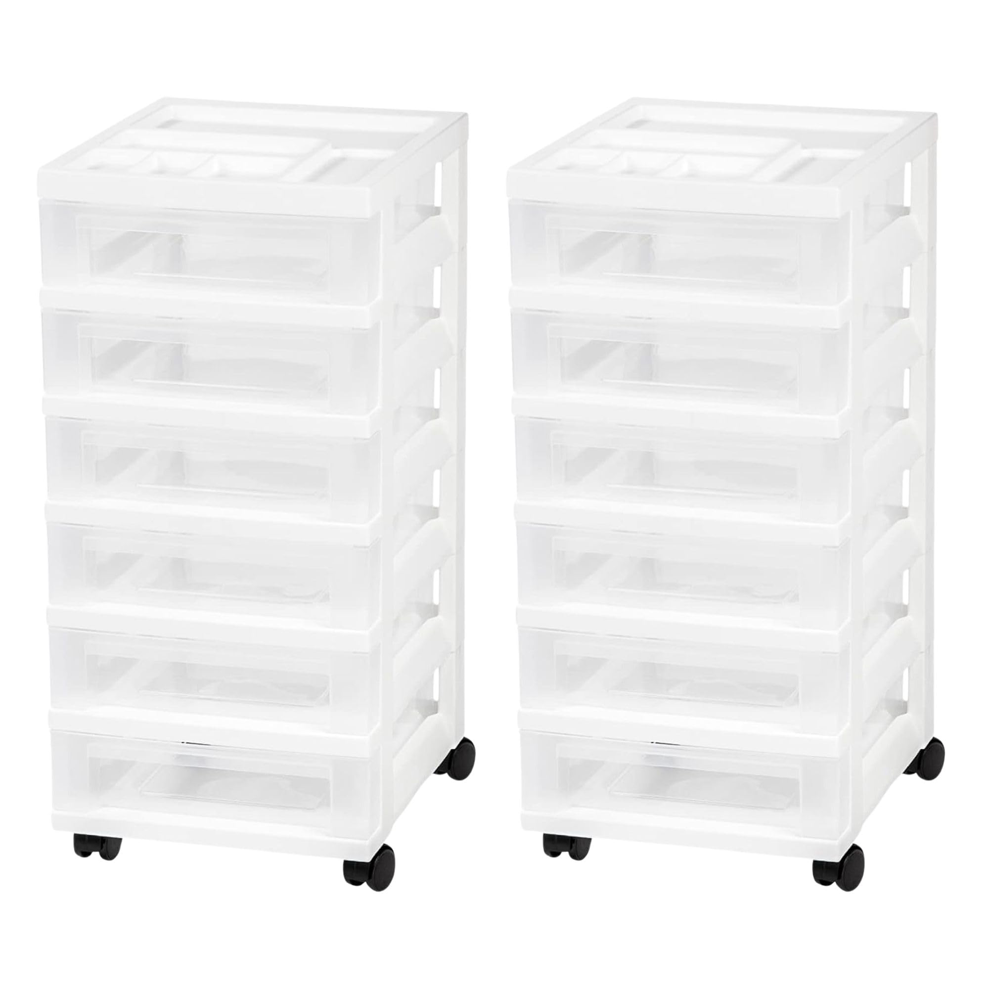 IRIS USA Plastic Drawer Storage Organizer Rolling Cart, 2-Pack, with Wheels Casters, 6-Drawers, for Classroom Art Craft Supplies Dresser Closet Bathroom Laundry Room, White/Clear