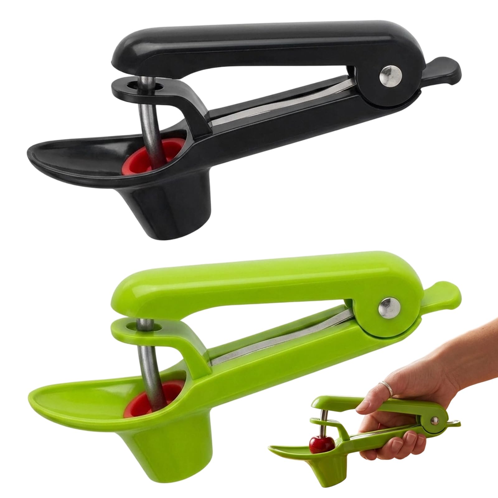 Cherry Stoner Remover UK, 2-Piece Cherry Pitter, Olive Pitter Tool with Stainless Steel Rod, for Olives,Dates,Manual Cherry Pip Removal Device (Black and Green)
