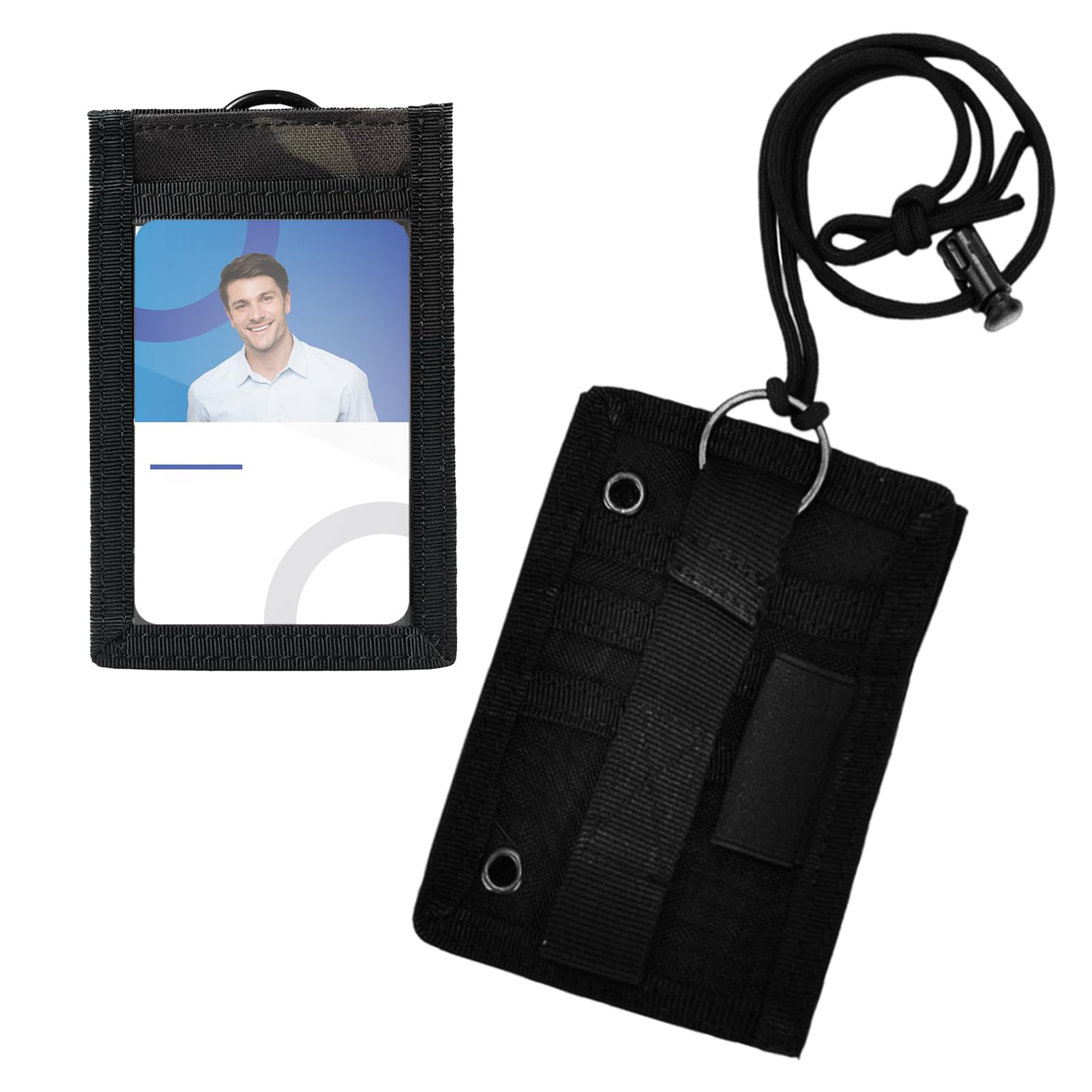 Porta Badge Tattico Staccabile con Cordino Regolabile e Portapenne, per ID Tag, Biglietti da Visita, Nero