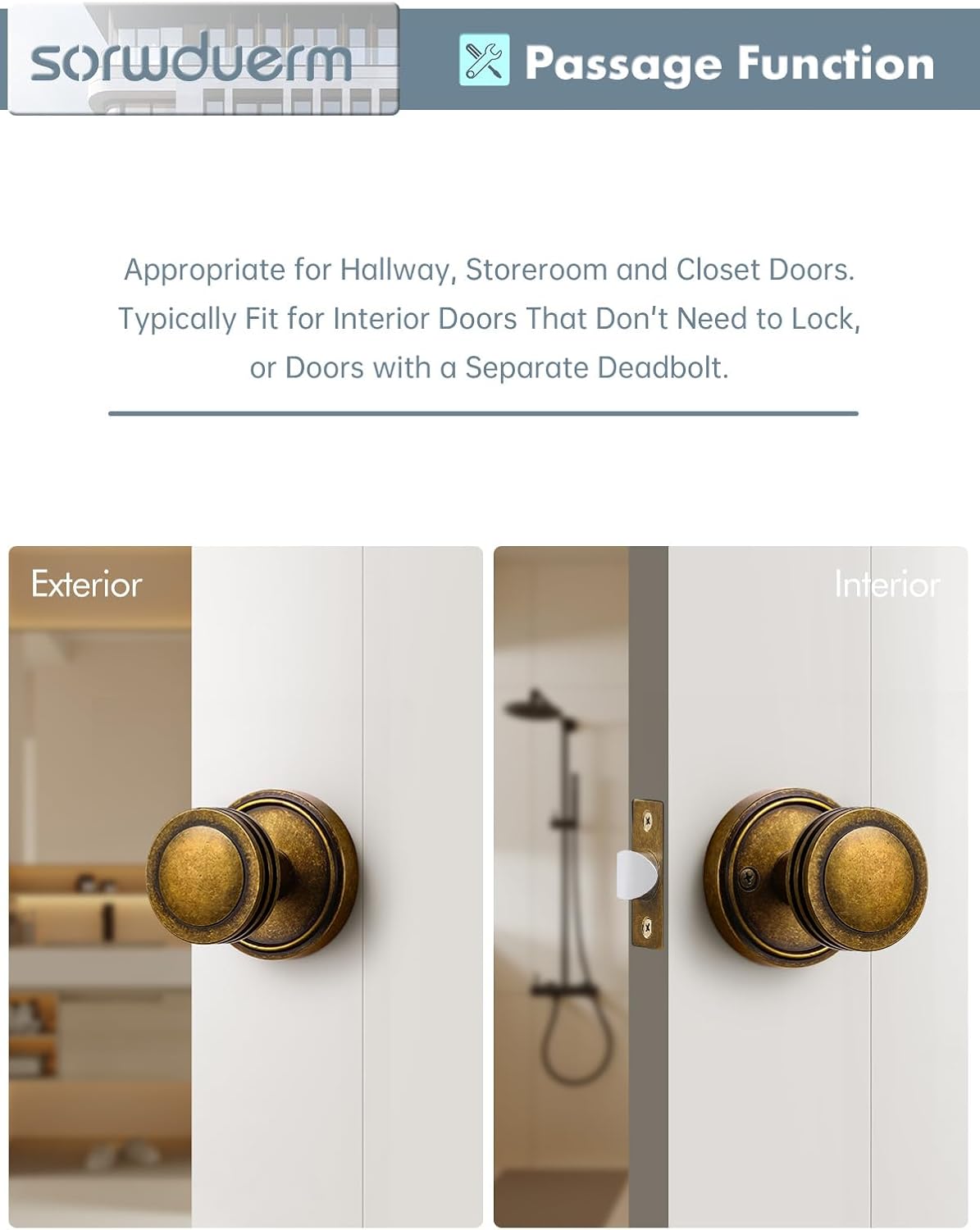 2 Pack Antique Brass Bronze Door Knobs Passage Door Knob Interior Door Handle for Hall and Closet Zinc Alloy