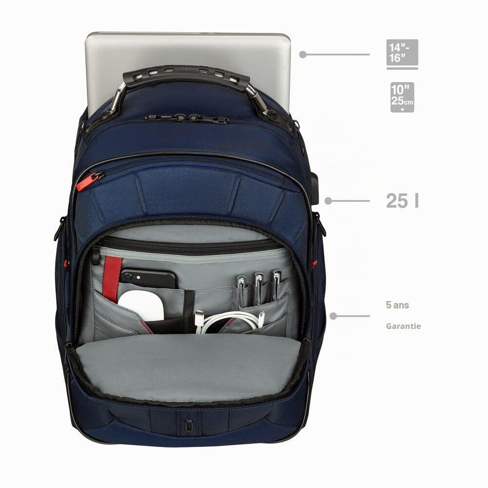 WENGER Pegasus Deluxe Sac à dos pour ordinateur portable, ordinateur portable 14-16", tablette jusqu'à 10", 25 l, femme homme, bureau université école voyages, bleu, 606492