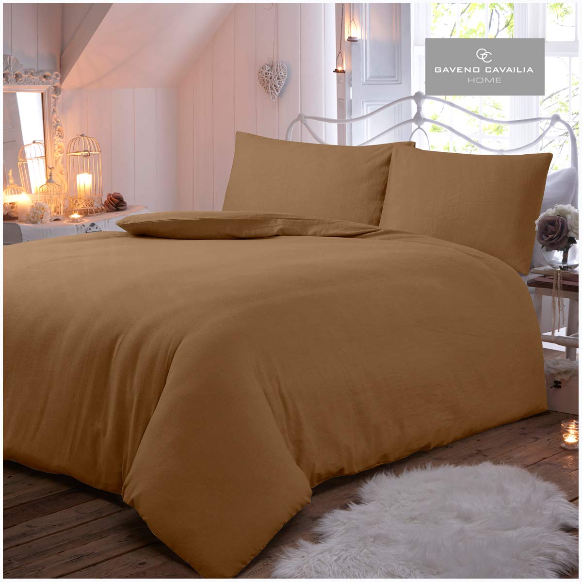 Gaveno Cavailia Luxury Brushed 100% Cotton Plain Dyed Flannel Duvet Set, [ Super King - Latte ]