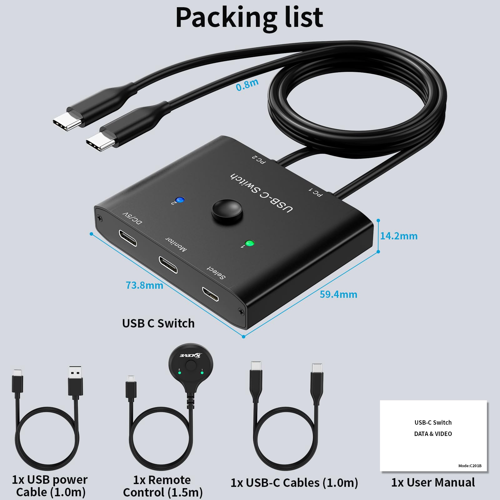 USB C Switch 2 PC 8K@60Hz 2 in 1 USB-C Switch, MLEEDA Typ C KVM-Switches für 2 Laptops teilen 1 Monitor oder Docking Station, mit 2 USB3.1 Gen2*2 Kabeln und Desktop-Controller