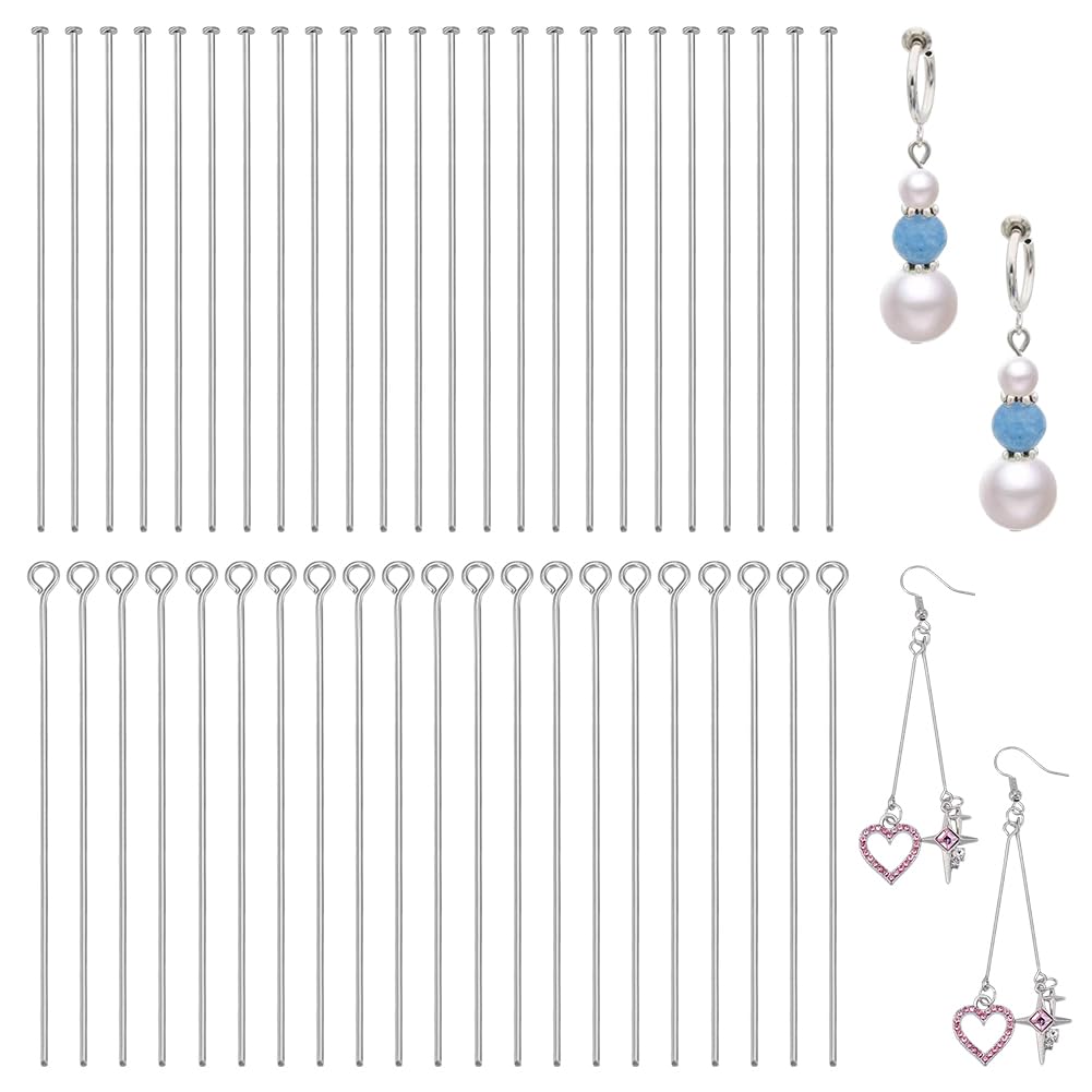 PH PandaHall 400pcs 304 Stainless Steel Eye Pins Flat Head Pins, 50mm Straight Head Eye Pins Flat Metal Pins Jewelry Findings Head Pins for Earring Bracelet Necklace Pendant Making