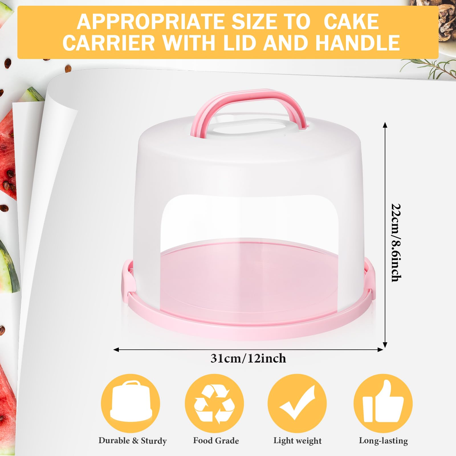 Baderke Soporte redondo para tartas de 10 pulgadas con asa, soporte para tartas de dos caras, contenedor de transporte para pasteles, soporte para tartas con tapa, bandeja para tartas con tapa (rosa)