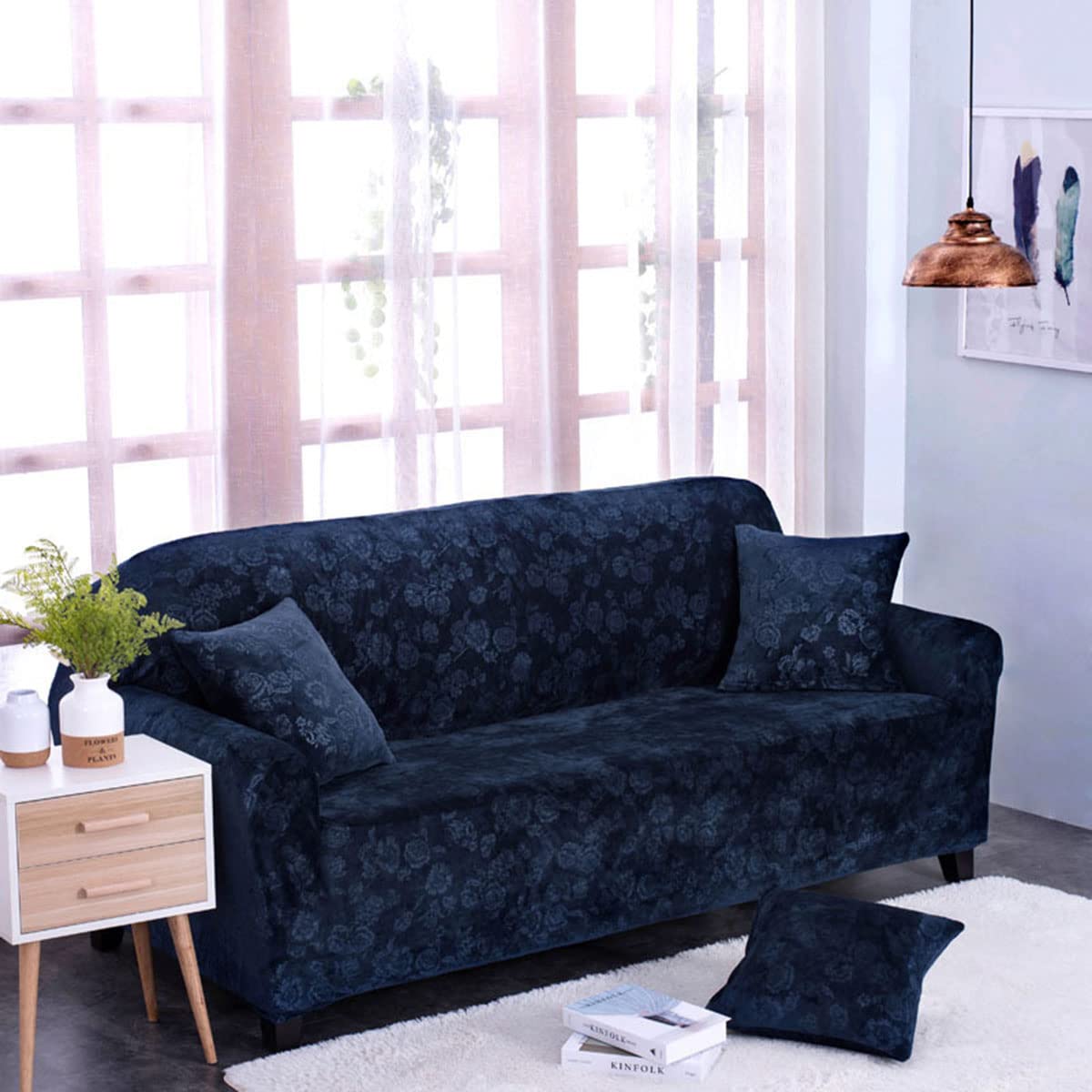 Stylish Jacquard Couch Covers Universal Sofa Slipcover Solid Color Non Slip Soft Stretch Sofa Covers Washable with Elastic Bottom for Kid Pet -dark blue-4 seater(230-300cm)