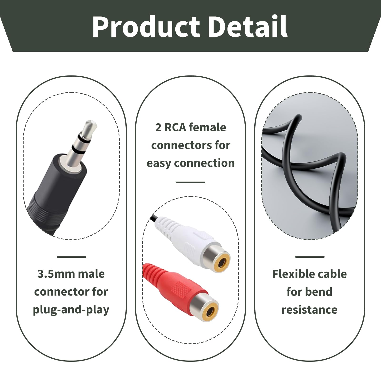 2 x adapter RCA Jack, męski kabel 3,5 mm RCA, adapter audio stereo, elastyczny kabel ze złotymi stykami, złącza metalowe, idealny do Hi-Fi, TV, smartfonów, systemów audio
