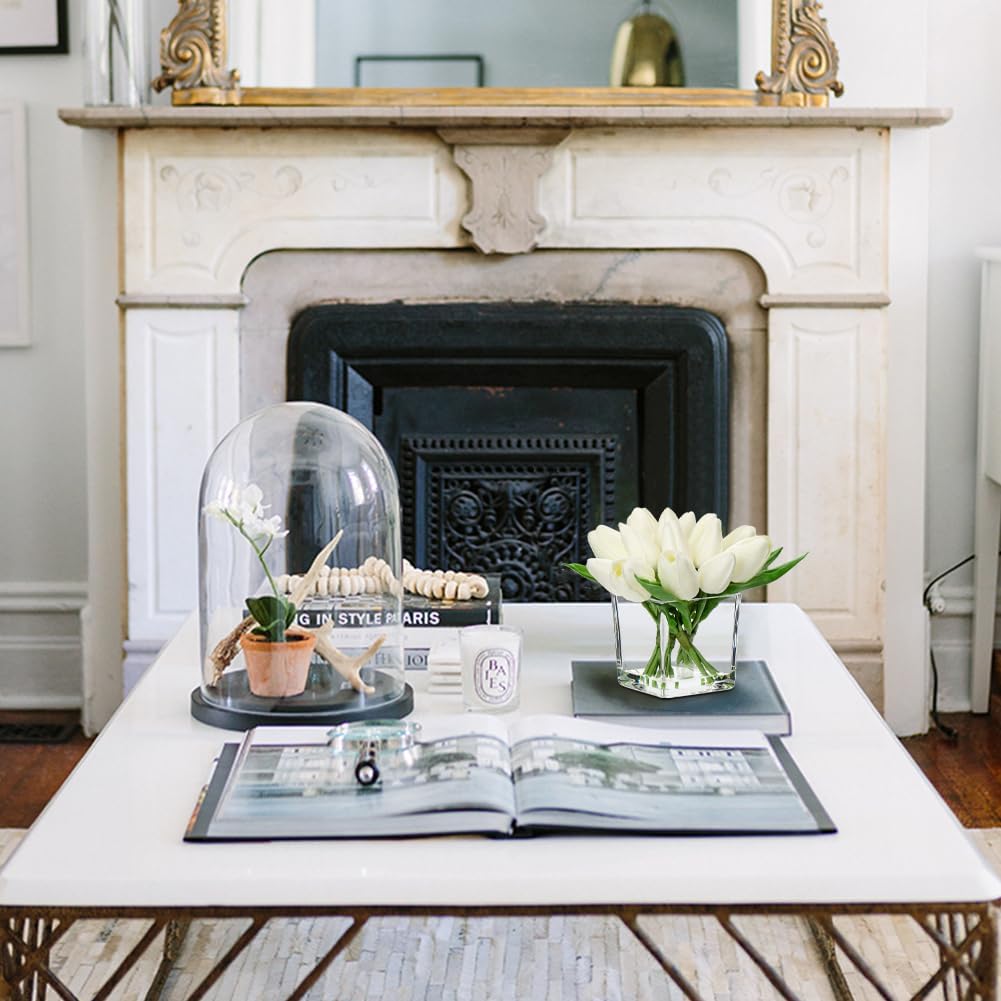 DILATATA Artificial White Tulips in Vase with Faux Water 5.5" Real Touch Flowers Fake Tulips Small Flowers Arrangement in Cube Glass Vase for Mother's Day Table Centerpiece Wedding Home Decor - Image 4