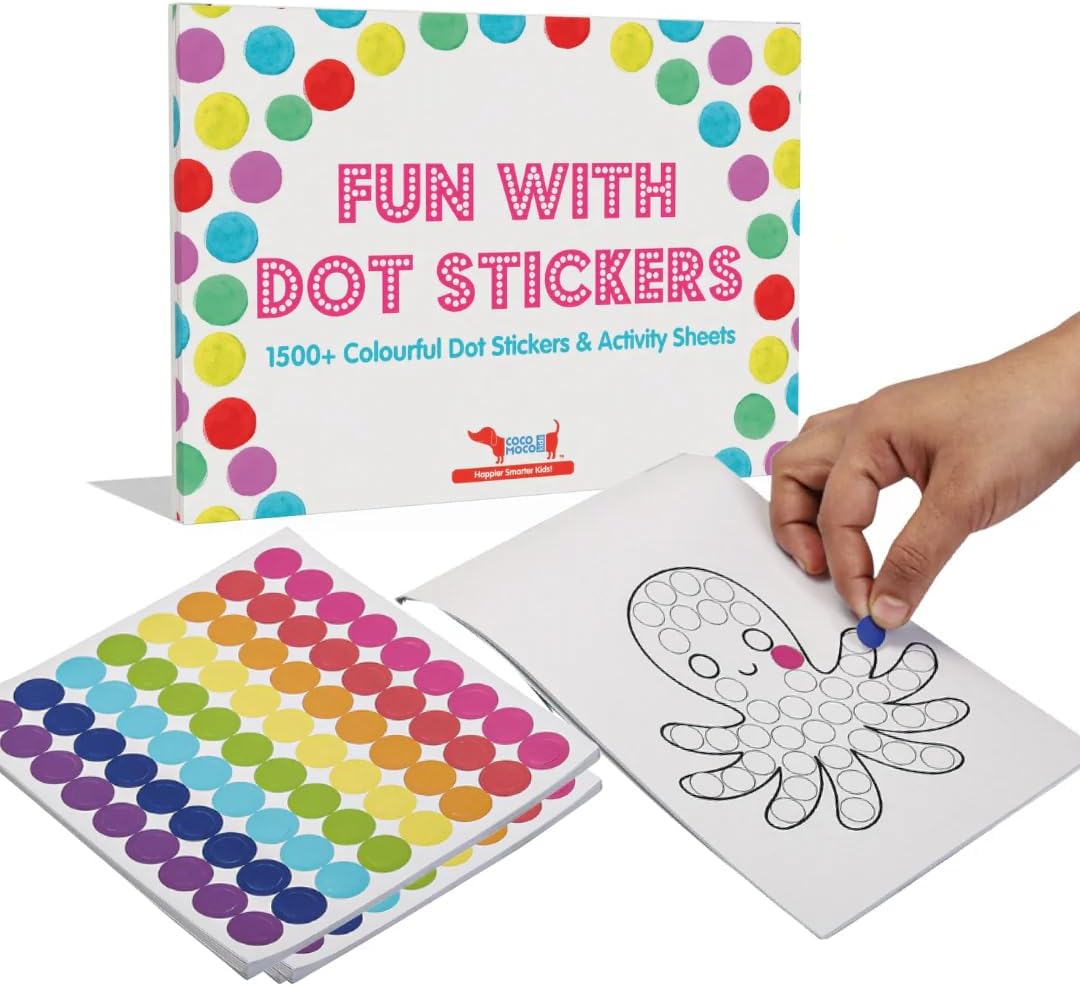 CocoMoco Kids Premium Dot Stickers for Kids with 123, ABC and Animals Sticker Book -1500+ Round Stickers Fun Craft Supplies for Girls, Journaling, Labelling, Organising (Single Pack)