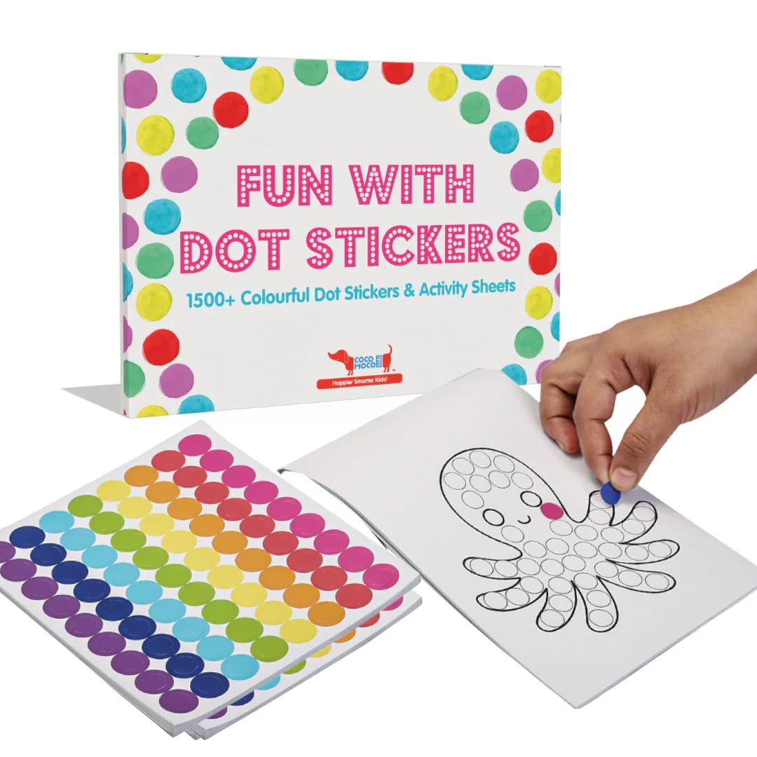CocoMoco Kids Premium Dot Stickers for Kids with 123, ABC and Animals Sticker Book -1500+ Round Stickers Fun Craft Supplies for Girls, Journaling, Labelling, Organising (Single Pack)