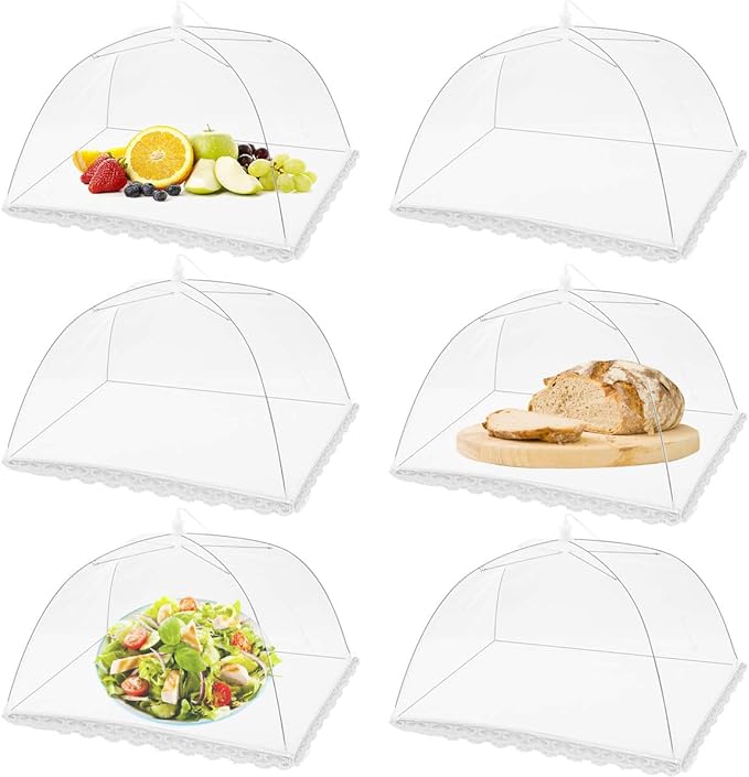 FOOEN (6 Pack) Pop-Up Picnic Mesh Food Covers Tent Umbrella for Outdoors and Camping Food Net Cover Keep out Flies Mosquitoes Ideal for Parties Picnics BBQ, Reusable and Collapsible 17 x 17inches