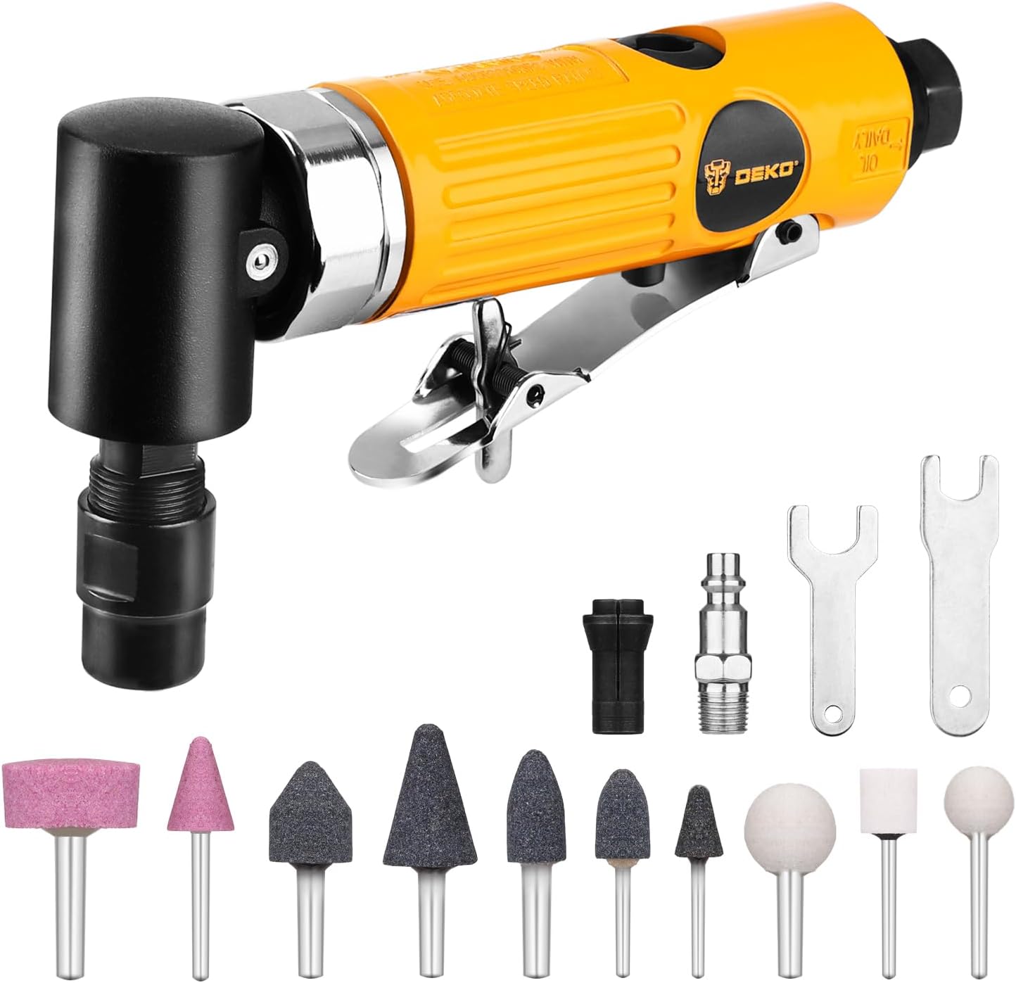 DEKOPRO 1/4 inch Pneumatic Angle Die Grinder, 20000RPM Power Die Grinders with 1/4″ and 1/8″ Collets, Mini Air Angle Die Grinder for Grinding, Cutting, Polishing and More