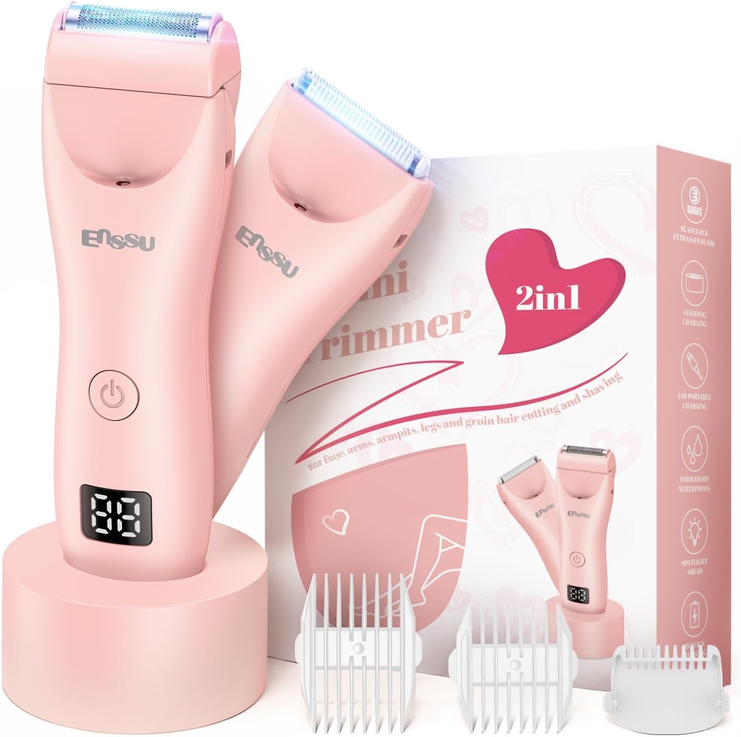 ENSSU Aparador De Pelos Intimos Femininos 2 em 1, Aparador de Pelos Feminino para Corpo e Virilha, Depilador Elétrico com Lâmina de Segurança, IPX7 à Prova d’Água, Carga Rápida 1H