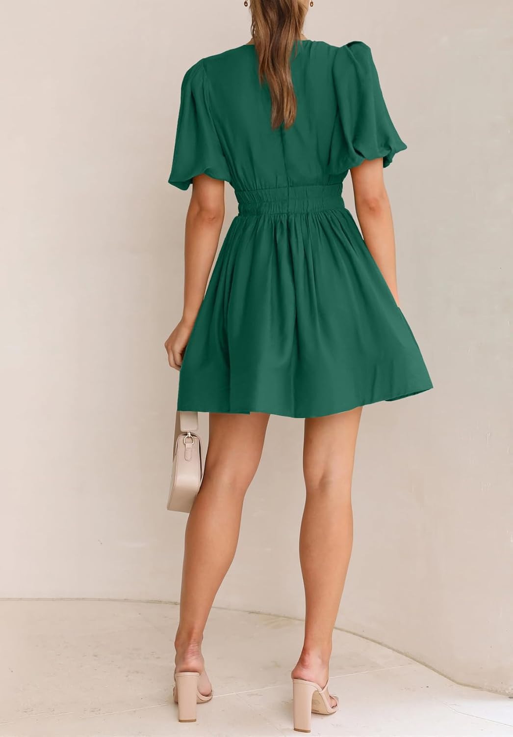 BWQ Women Mini Dress Short Puff Sleeve Sexy V Neck Dress A-line Elastic High Waisted Casual Flowy Summer Dresses - Image 5