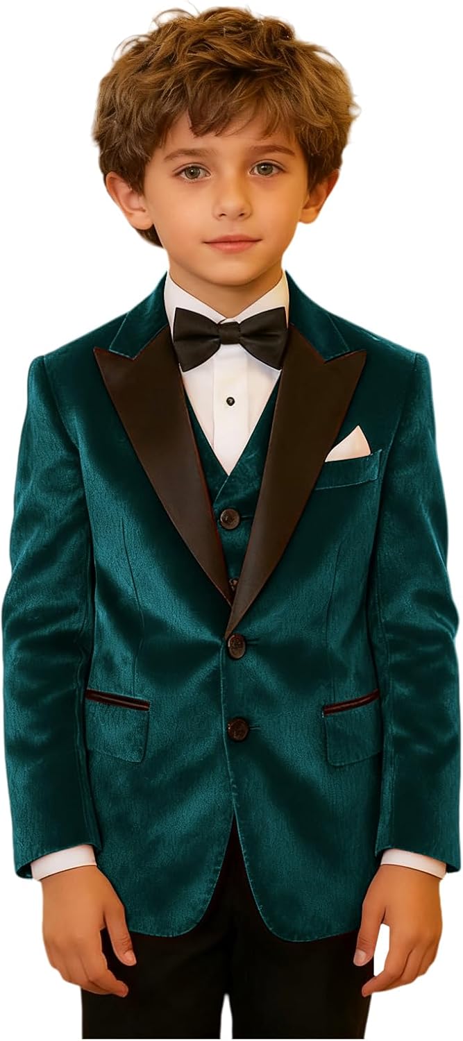 Kids Shinny Velvet Suit Blazer Vest Bow Tie Set Boys Formal Wedding Christmas Page Boy Photo Shoot