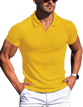 Mens Muscle V Neck Polo Shirts Slim Fit Short Long Sleeve Cotton Golf T-Shirts Ribbed Knit Soft Tees