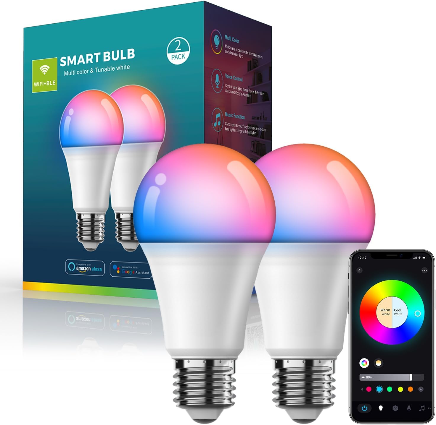 Smart WiFi Bluetooth LED Light Bulbs A19 RGBWW Dimmable Color Changing 800LM 16 Million Colors Music Sync Compatible with Alexa and Google Assistant for Home Office 2Pack