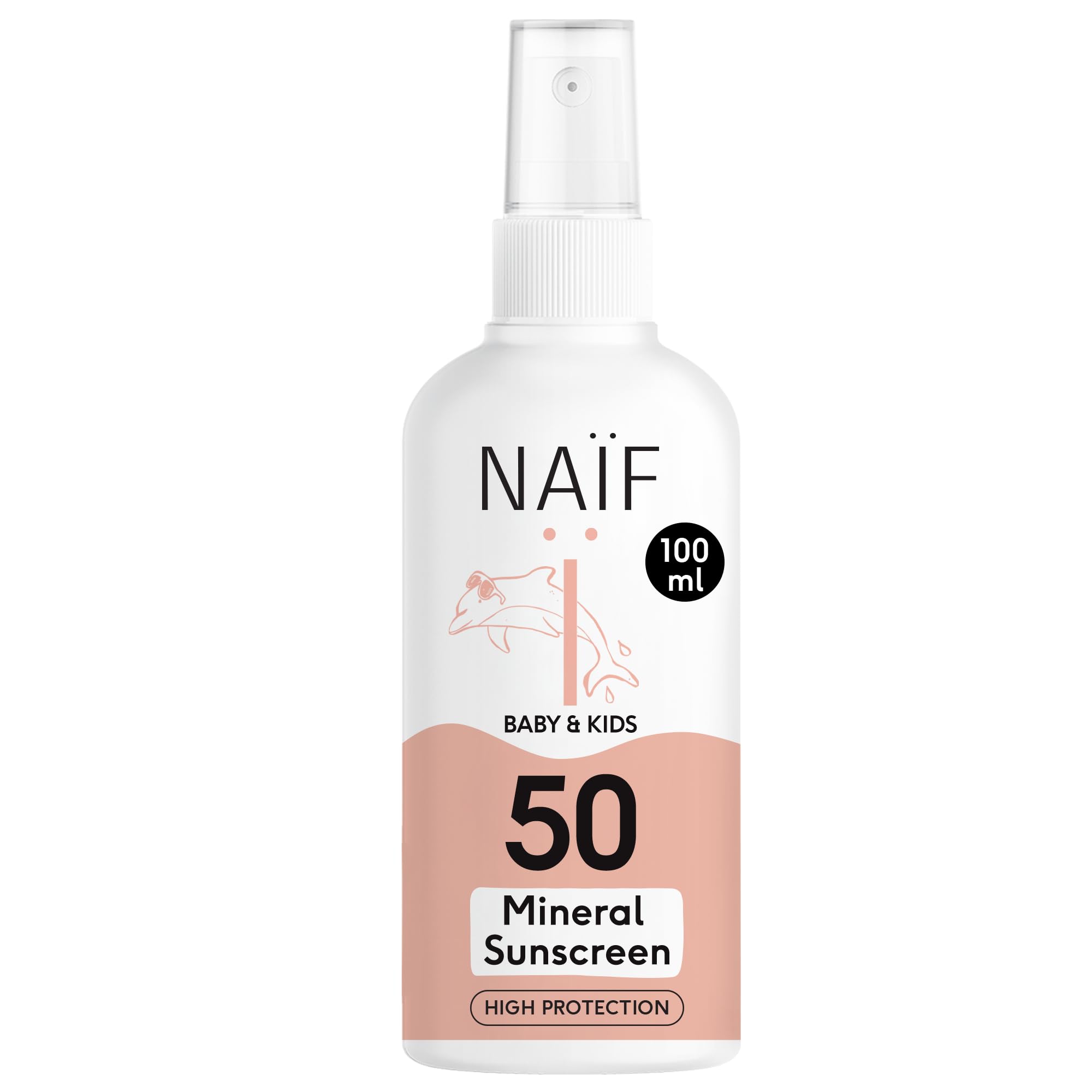 Naïf Spray solare a base minerale – per neonati e bambini – SPF 50 – Spray senza octocrylene – Protezione UVA e UVB – Resistente all'acqua – Dermatologicamente testato – Senza microplastica – 100 ML