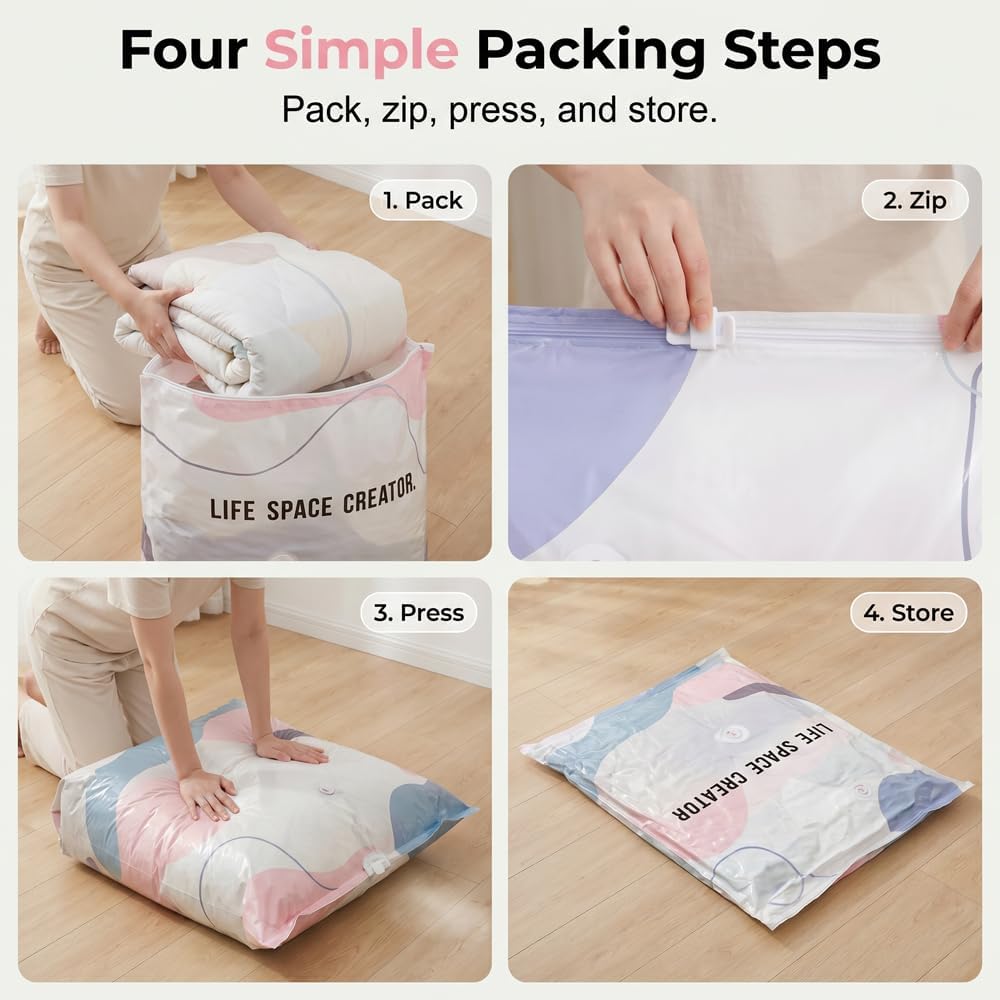 No‑Pump Vacuum Storage Bags, 2026 Neu Vakuumbeutel für Kleidung 3D-Vakuum-Aufbewahrungsbeutel Ohne Pumpe, Vakuumbeutel für Bettwäsche Bettdecken Kleidung Reise (8, L（100 x 80 x 30 cm）)