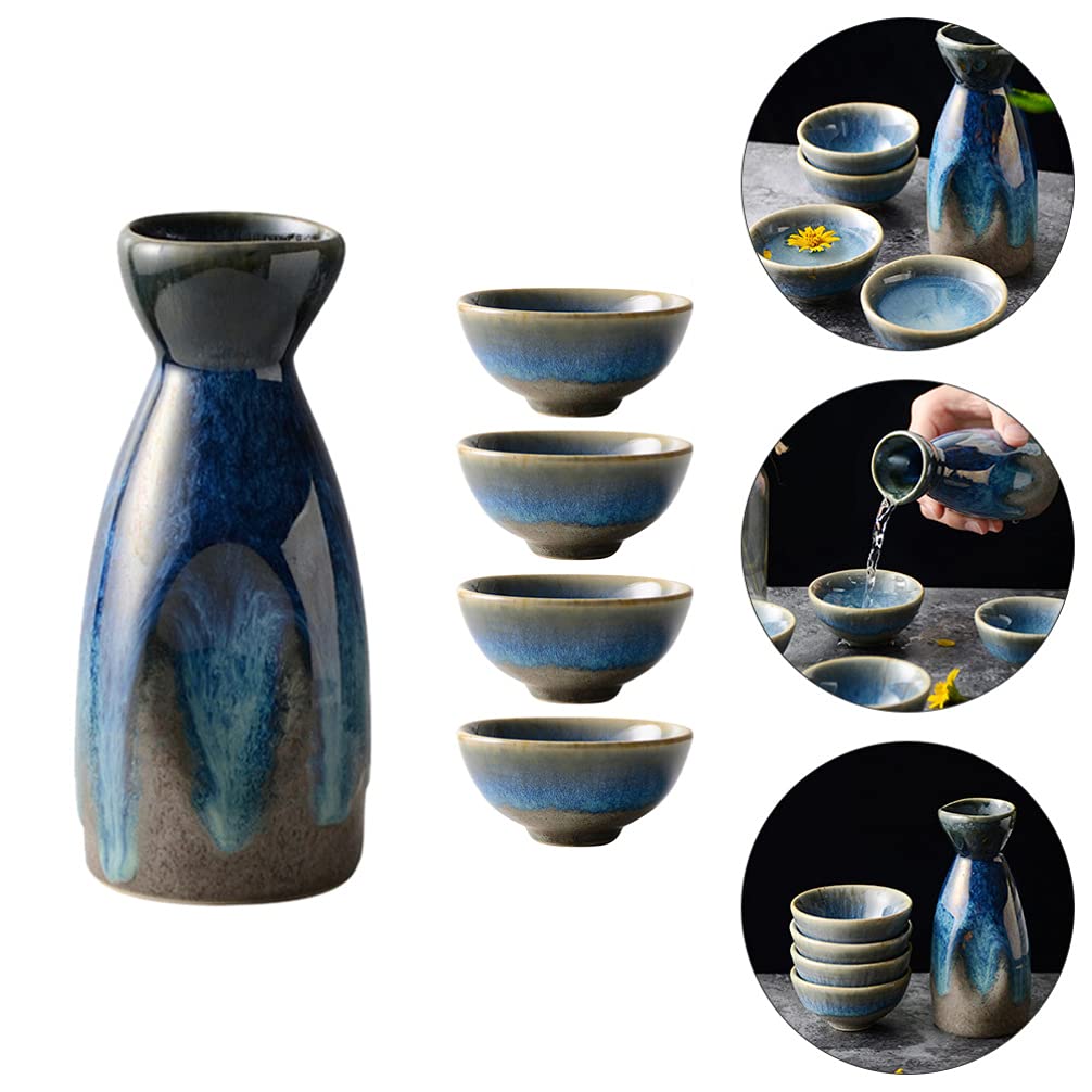 HEMOTON Porcellana Bottiglia di Sake Set Giapponese Tokkuri Sake Pentola con 4 Tazze di Ceramica Tradizionale Bene Che Serve Bottiglia di Vino Caraffa per La Casa Partito