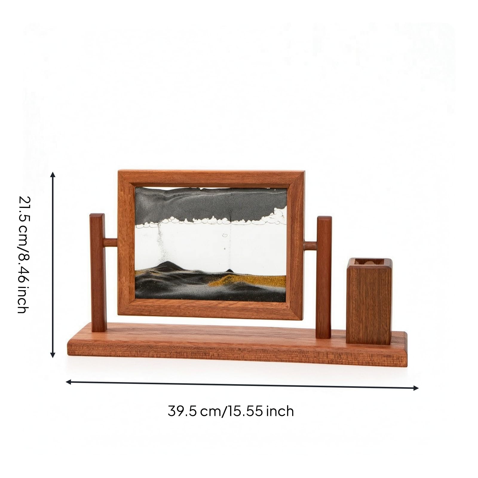 Sandbild mit Stifthalter beruhigend drehbarer Bilderrahmen mit Stiftebecher beweglich drehbares Sandbild für Büroangestellte, Arbeitszimmer, Schwarz, Sand, Tuschelandschaft