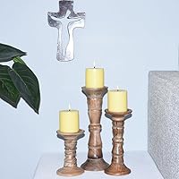 Vista 32 de Juego de tres portavelas de pilar de 6 pulgadas, 12 pulgadas y 6 pulgadas de madera de mango hecho a mano Pulido oscuro