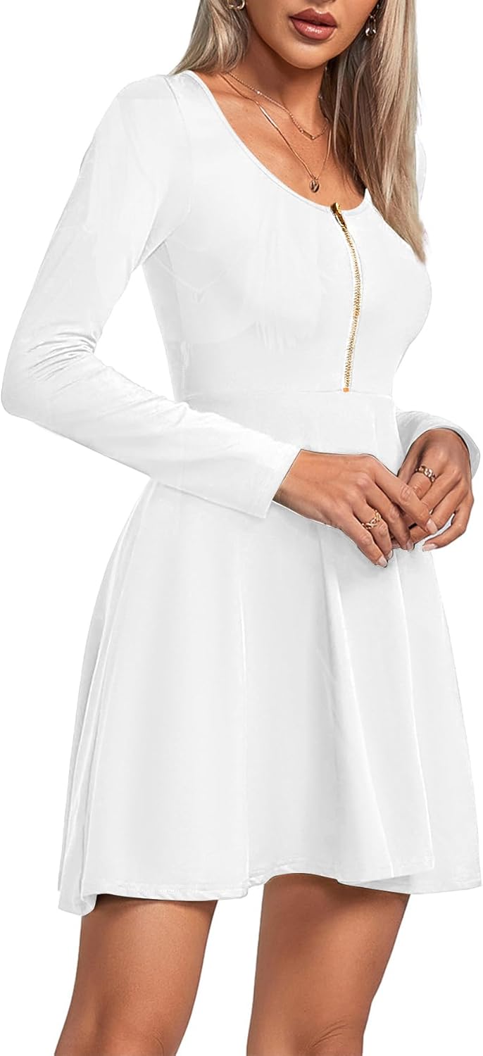 Umenlele Women's Scoop Neck Long Sleeve Dresses Casual Flowy Swing Mini Short Wrap Skater Dress - Image 4