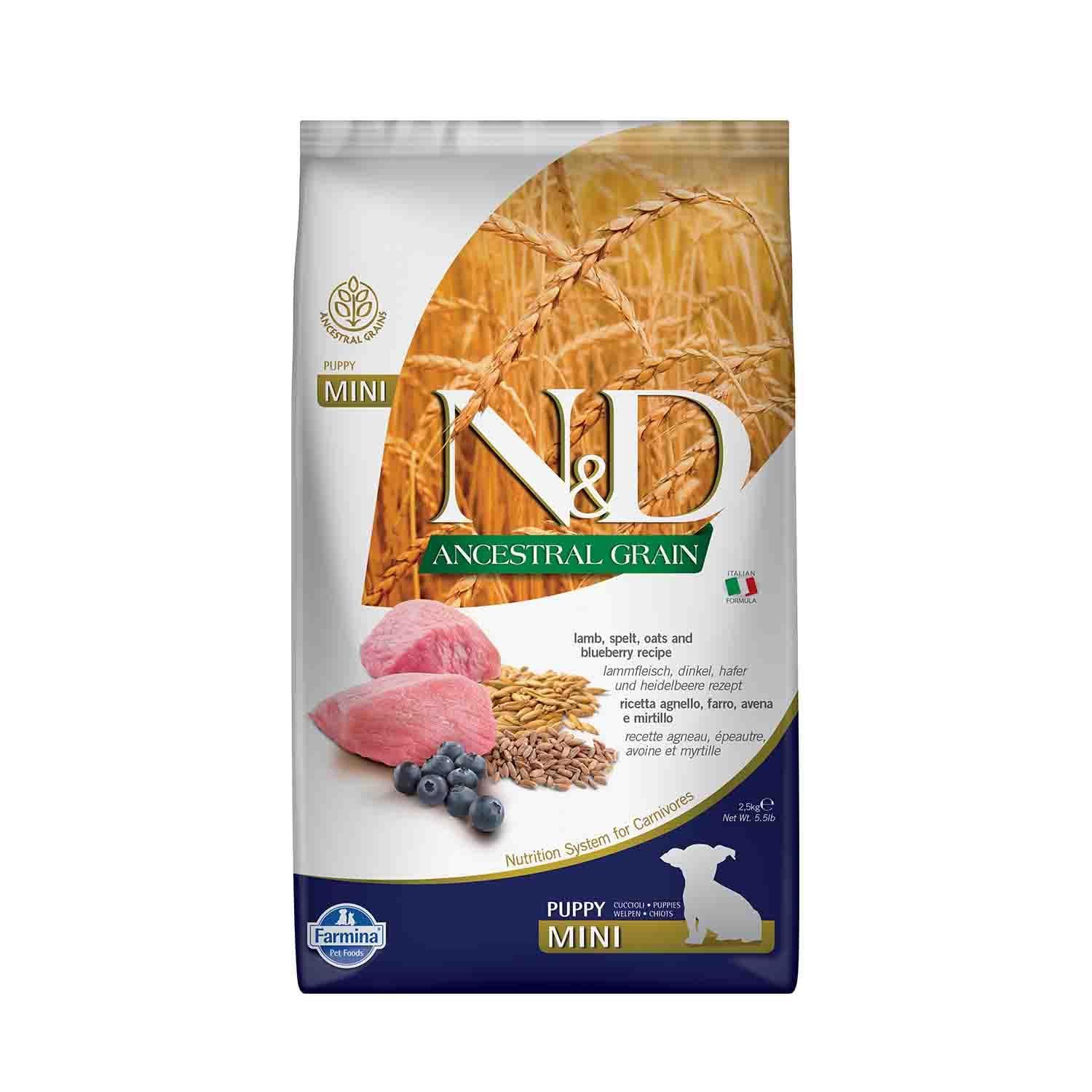 N&D ANCESTRAL Grain Dog Lamb, Spelt, Oats and Blueberry Puppy Mini 2.5KG