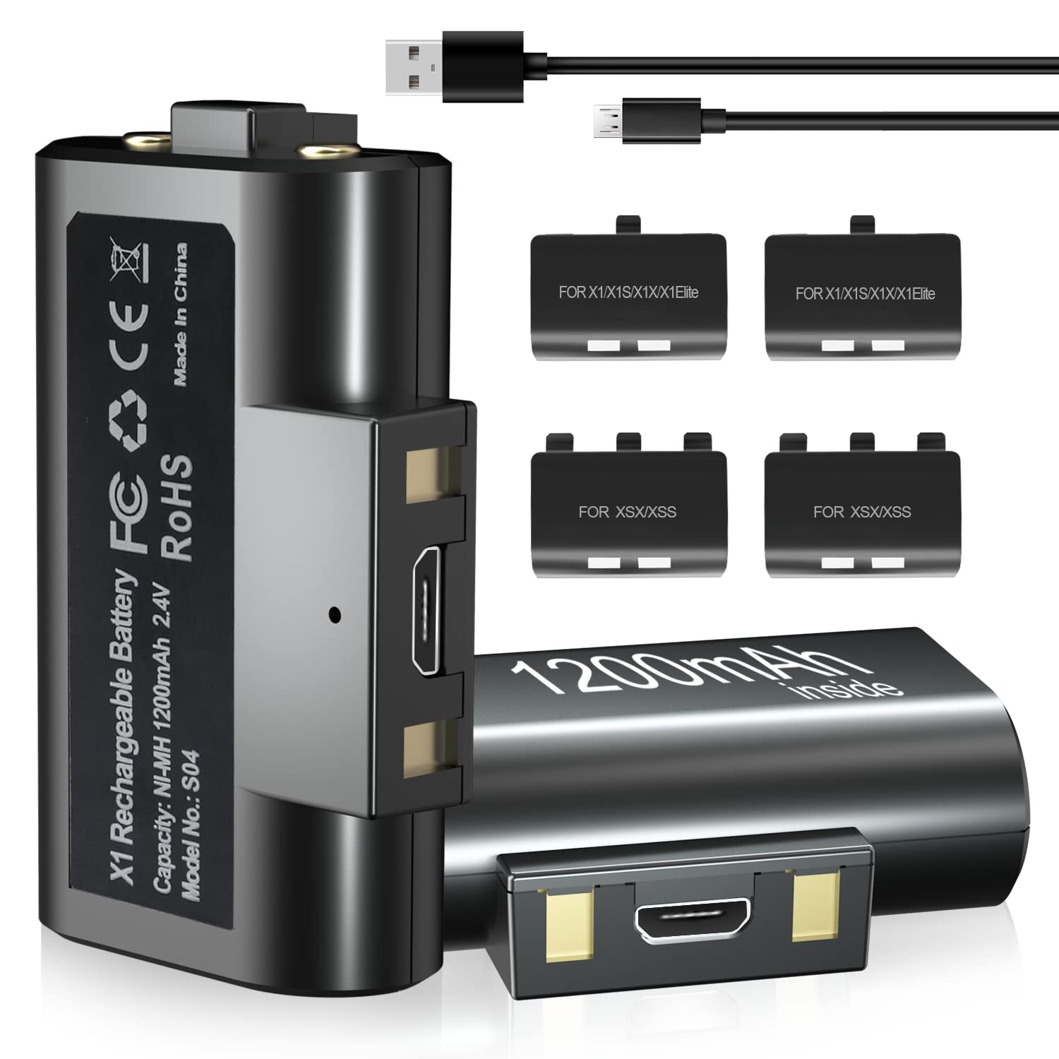 Rechargeable Battery Pack for Xbox One/Xbox Series X|S, 2x1200mAh Xbox Controller Battery Pack & 4 Battery Covers, Play and Charge Kit for Xbox One/S/X/Elite Controller