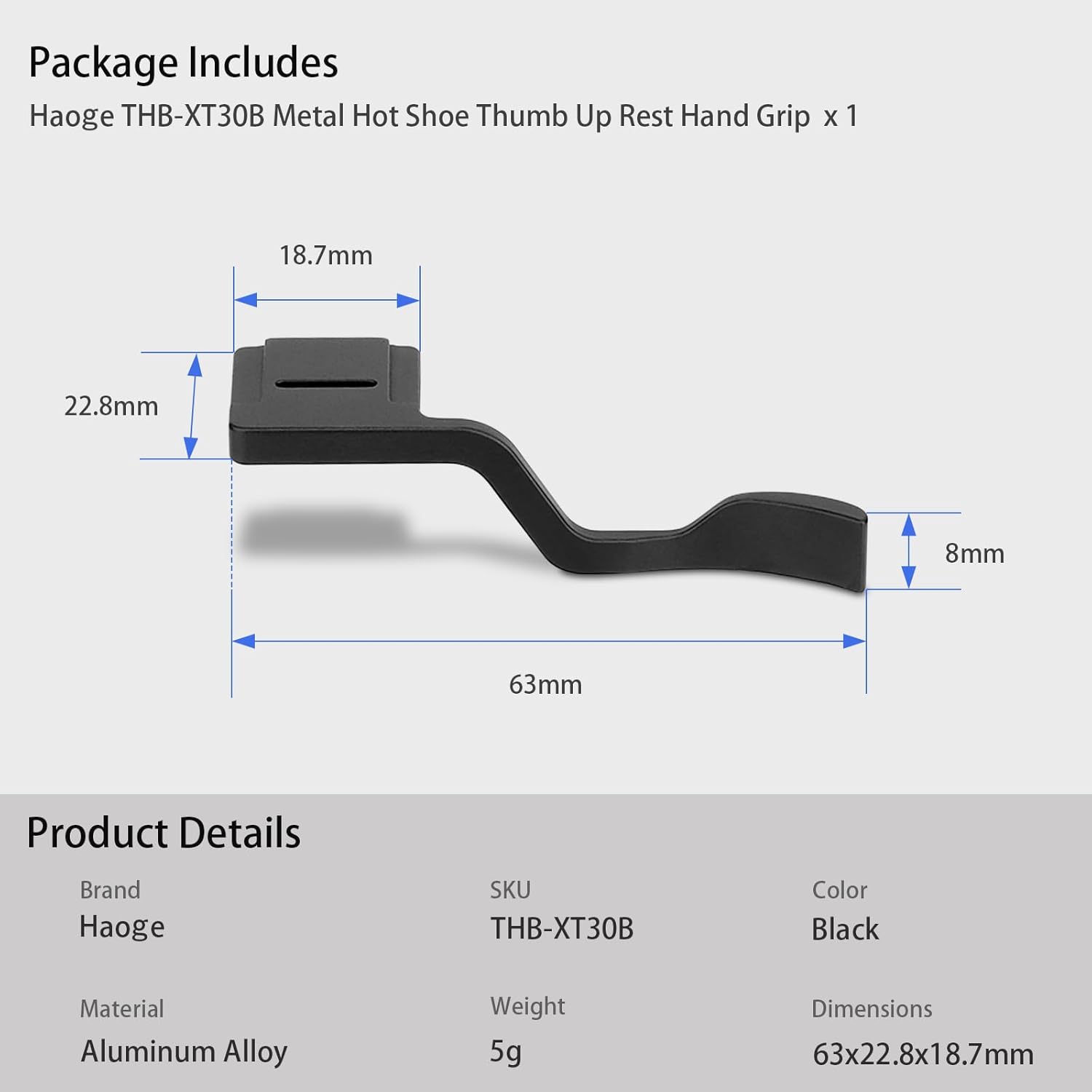 Haoge THB-XT30B Metal Hot Shoe Thumb Up Rest Hand Grip for Fujifilm XT50 Fuji X-T10 X-T20 X-T30 XT10 XT20 XT30 II Camera Black - Image 8