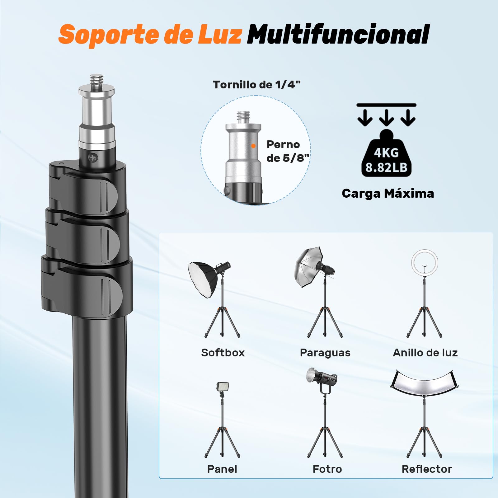 XXZU 210cm Soporte de Luz con Cabezal Esférico, Tripode para Fotografía Portátil Reversible Carga Máxima 4kg Trípode de Estudio para Softbox/Reflectores/Flash/Anillo de Luz/Cámara/Teléfono
