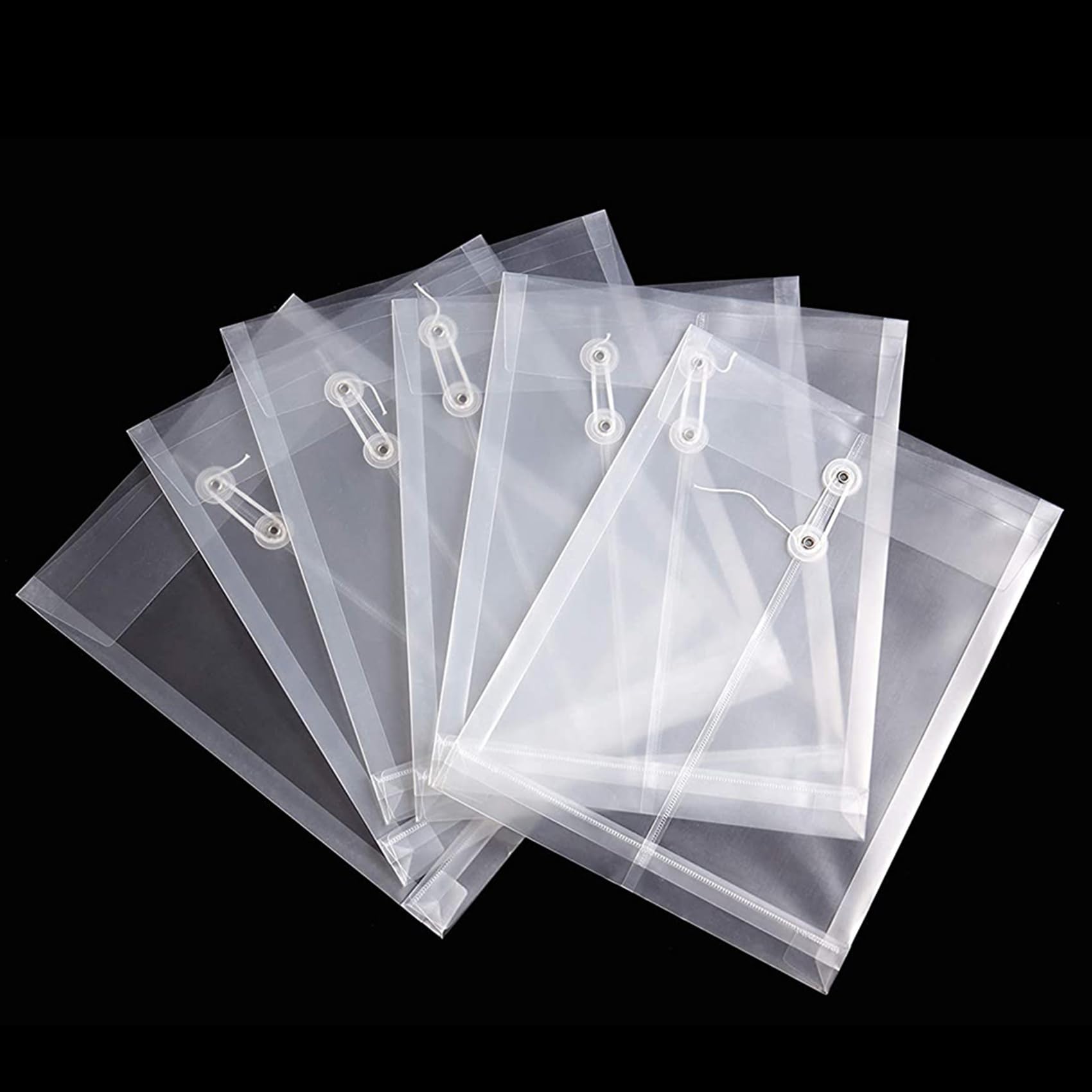Confezione da 48 buste in plastica trasparente, espandibili, con chiusura a bottone e laccetto, formato A4