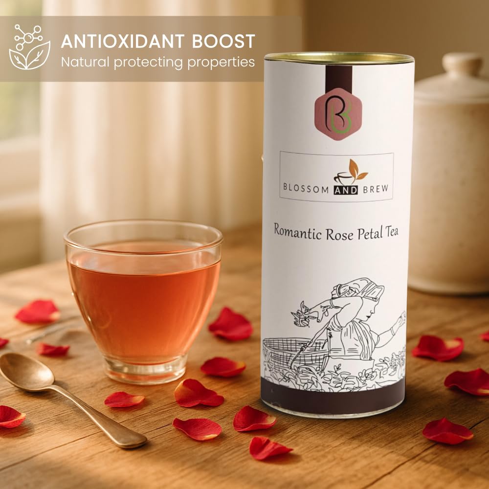 Blossom & Brew Romantic Rose Petal Tea (3.52oz) - Caffeinated Loose Leaf Black tea with Dried Red Rose Petals - Floral Infusion for Hot or Iced Brew - Aromatic Blend from Teesta Valley, India