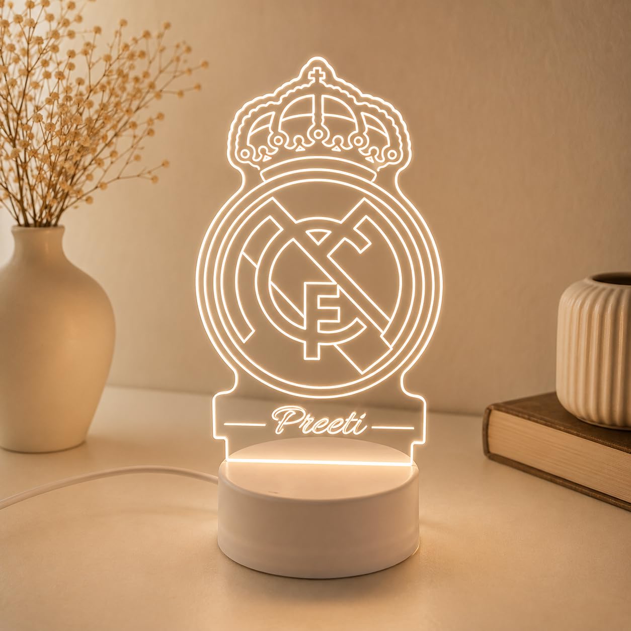 Personalized Real Madrid Logo 3D Illusion LED Night Lamp with Custom Name, USB Powered Warm White Acrylic Football Lamp Gift for Kids, Boys & Soccer Fans-image-12