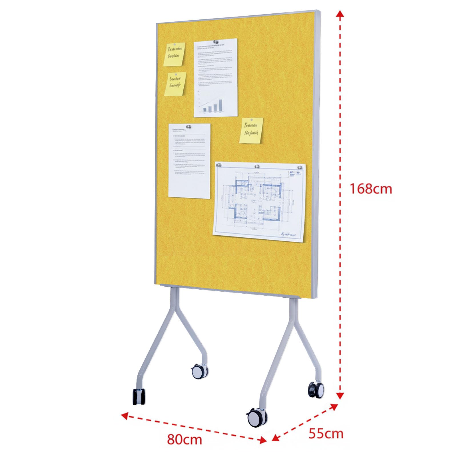 OfficeMarshal Moderationwand Doppelseitig 80 x 120 cm Präsentationstafel mit feststellbaren Rollen - Filztafel Pinnwand - Stabiler Metallrahmen - Giant (Gelb)