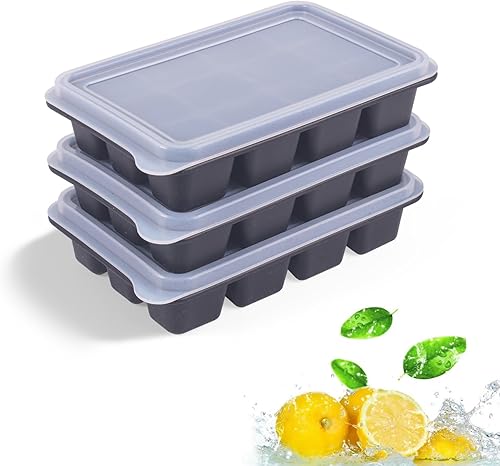 Annaklin - Bandejas de silicona para cubitos de hielo con tapa para congelador, paquete de 3, 12 rejillas apilables de fácil liberación, moldes para