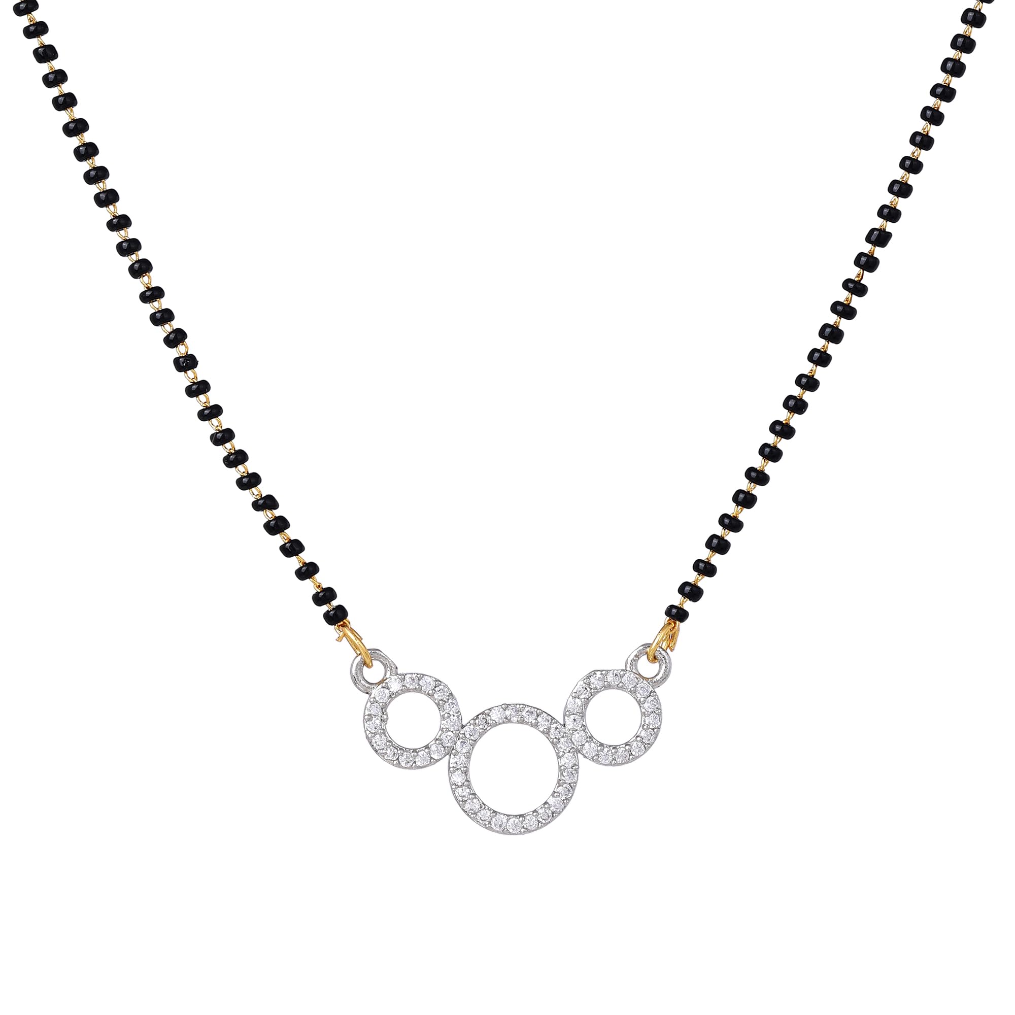 Gehena by EsteleGold & Rhodium Plated Splendid Trio Circular Pendant Mangalsutra Chain with Black Beads & White Crystals for Women