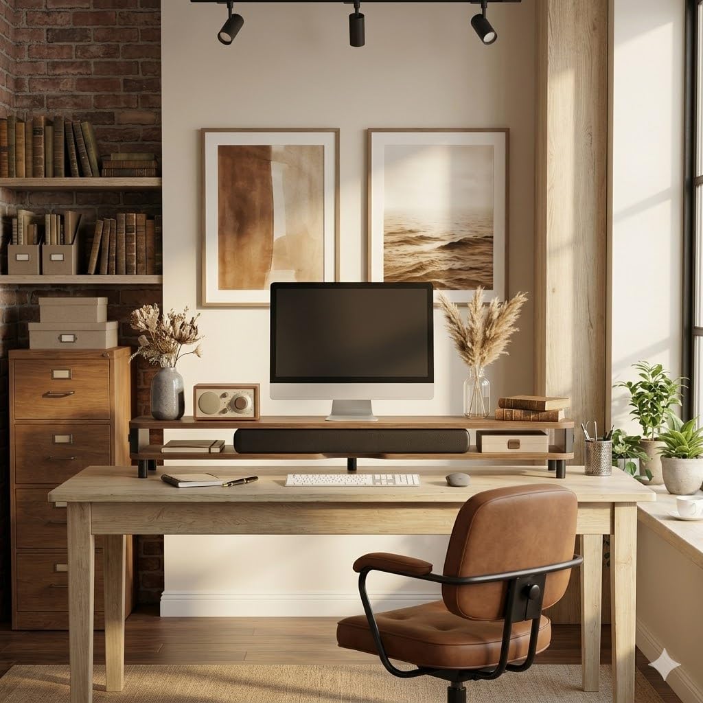 Fenge Réhausseur d'Écran avec Grand Tiroir, 108cm Support de Dual Moniteurs avec Poignée en Cuir, Ergonomique Support Ecran Bureau Pour Chambre/Bureau/Salon, 108x25x15,7cm, Charge de 35kg, (Marron)