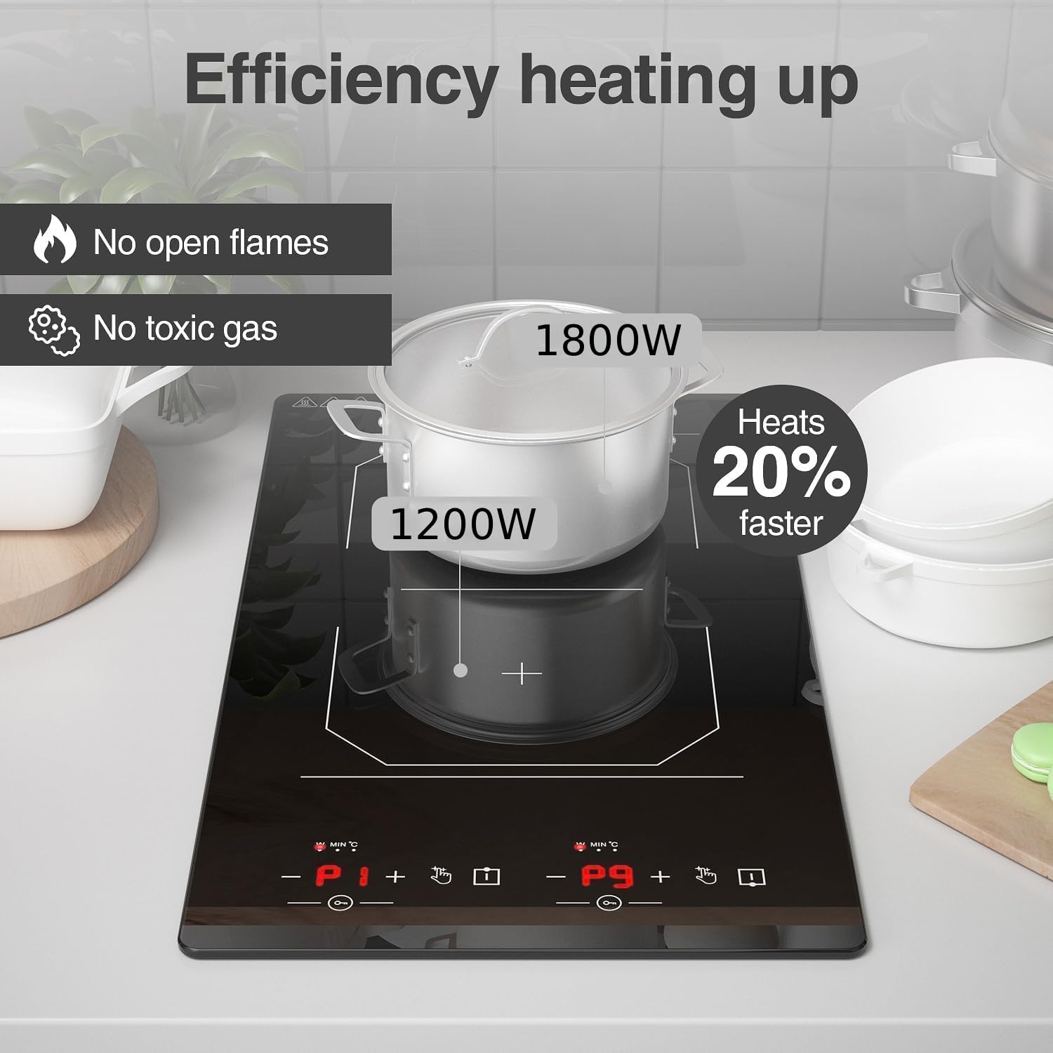 ANHANE Plaque Induction 2 Feux 3000W, Plaque de Cuisson Électrique 30cm avec Sécurité enfants, 9 Niveaux de Puissance, Minuterie 120 Min, pour les Appartements et le Camping