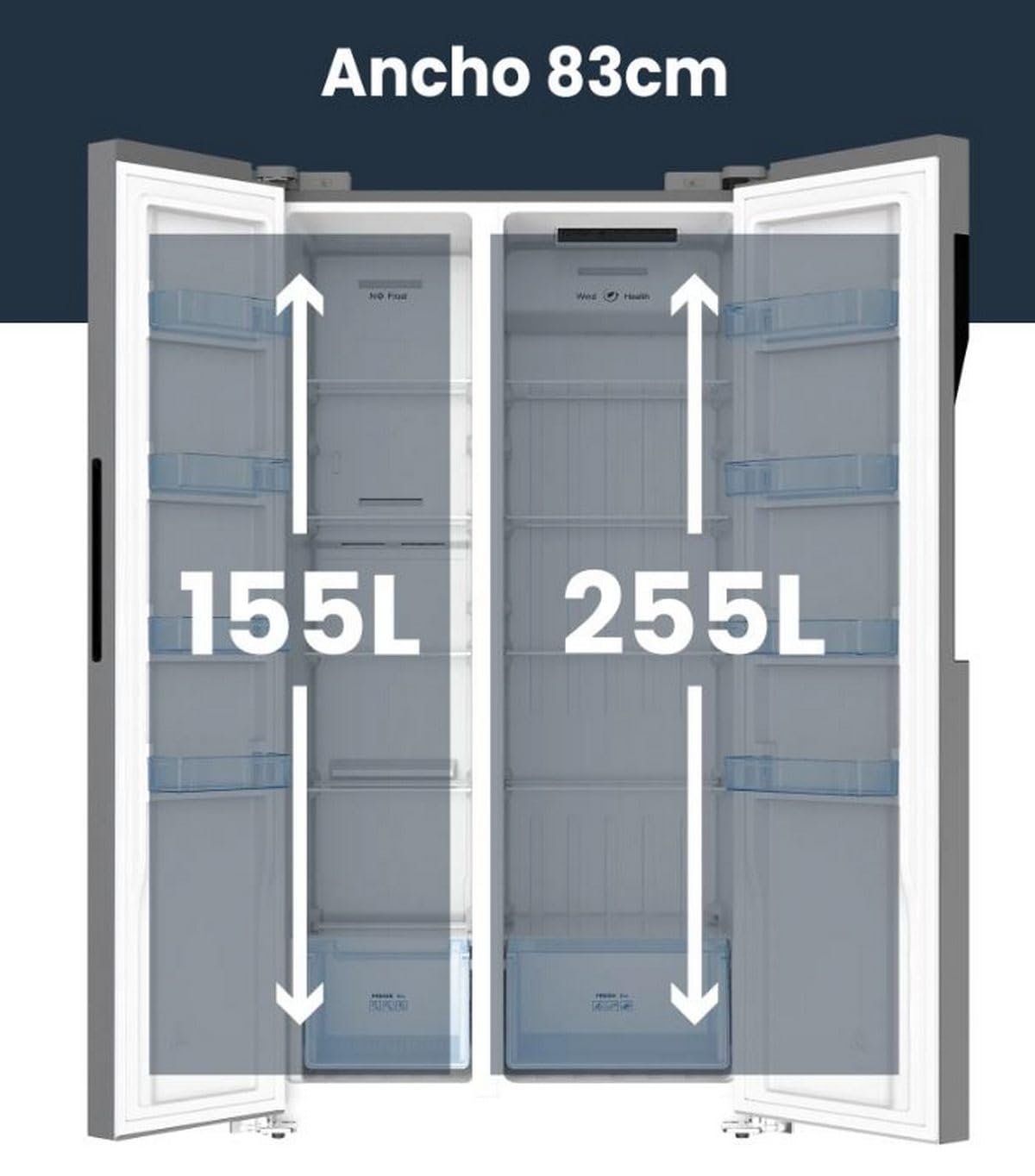 INFINITON Frigorifico Americano SBS-456A78XEL, 410 l, 177 cm de Altura, No Frost Total, Ancho Especial de 83 cm, Fast Cooling y Fast Freezing, E, Led Interior, Inox